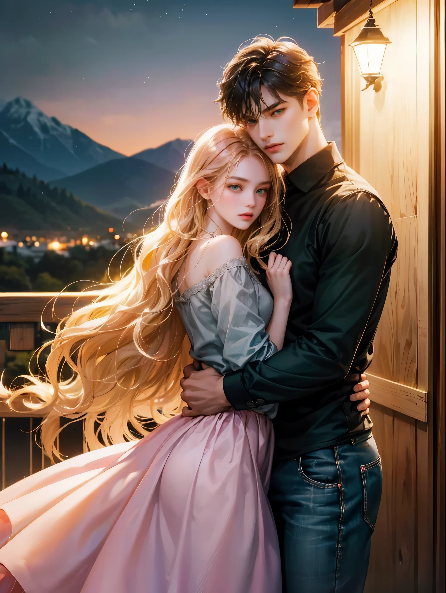 Couple, 1 girl 1 boy, different hair color, long blonde wavy hair no bangs and grey eyes, pink sundress, short black hair and (green eyes). Black shirt open and jeans, height different, detailed eyes, looking the viewer. They hug. Background mountain chalet at night