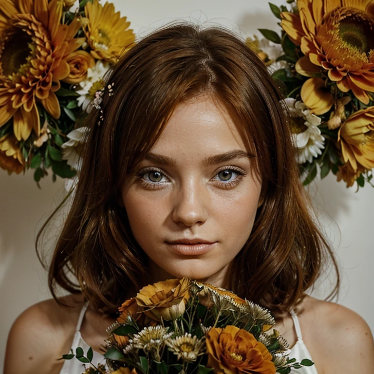 Une belle femme rousse yeux brun avec un bouquet de fleurs orange dans les bras