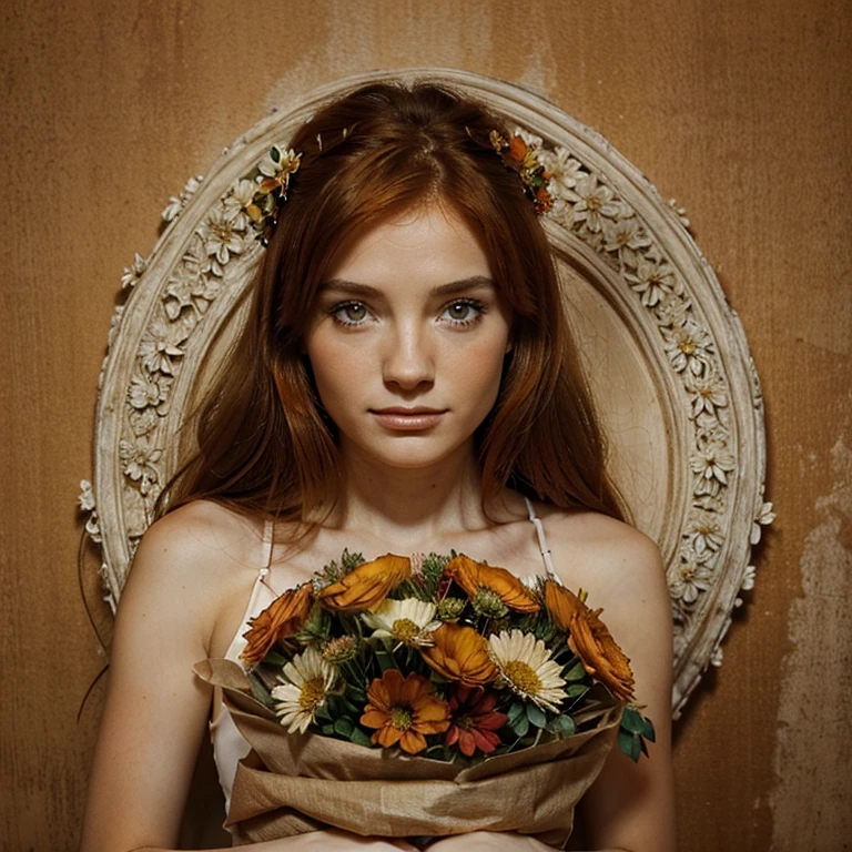 Une belle femme rousse yeux brun avec un bouquet de fleurs orange dans les bras 