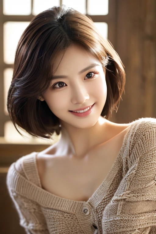 (masterpiece:1.3), (8k, Photorealistic, Raw photo, Best image quality: 1.4), Korean Idols、(Random Hairstyles:1.2)、Cleavage:1.2、Super detailed face、Attention to detail、double eyelid、Put your chest together、Sharp focus:1.2、Beautiful woman:1.4、Light brown hair、highest quality、masterpiece、超A high resolution、(Photorealistic:1.4)、Highly detailed and professionally lit smile、Loose, lightweight knitwear、Shoulders out、thin、Serious expression、Deadly position