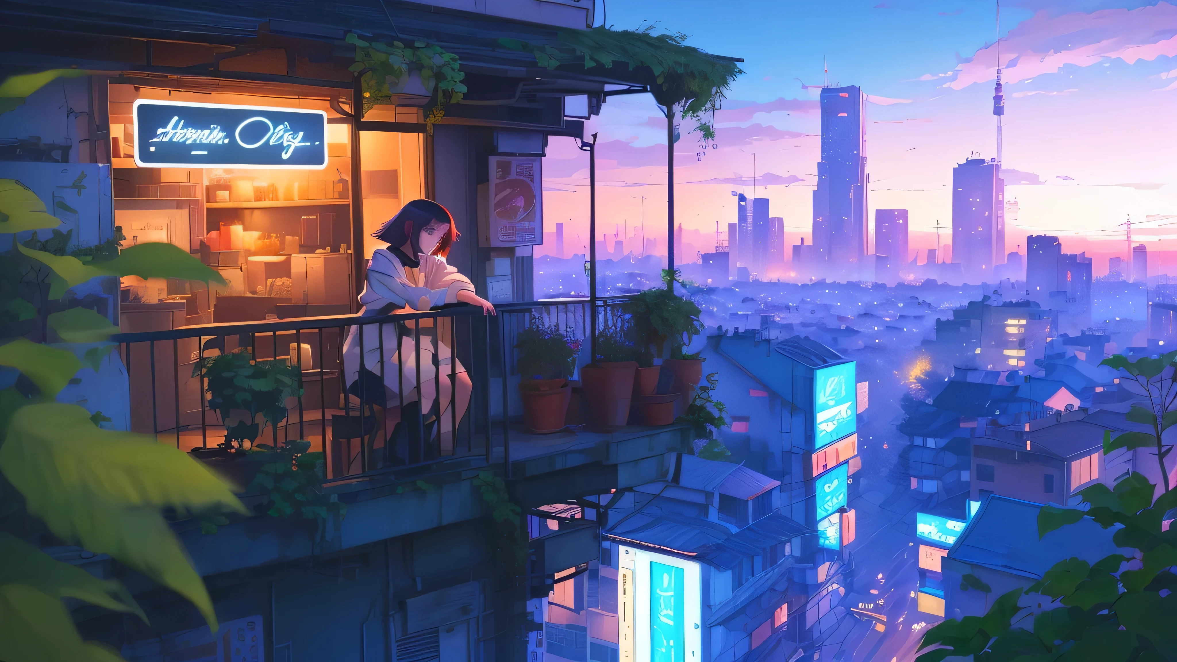 Anime girl on a balcony looking at the city skyline at night, Lofty Girl, Arte Roffiestyle, Arte Digital Ilya Kuvshinov, Ateigailan 8K, Landscapes by Ilya Kuvshinov, Overlooking the modern city, Not gai lan style, Lofty Girl aesthetic, Arte Roffie, Inspired by Atei Gailan, inspired by Liam Wong