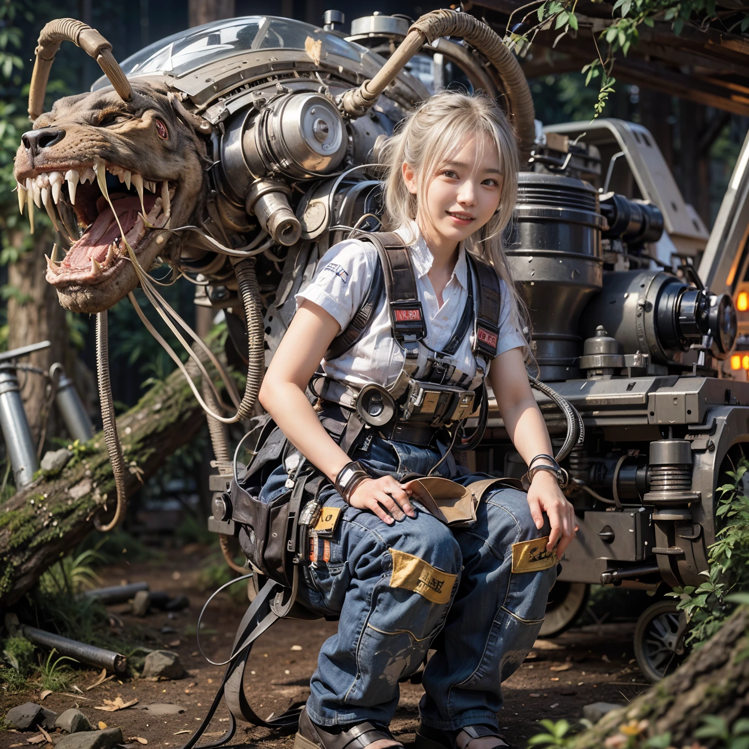 Japanese woman, heavy equipment, Mechanical backpack, very beautiful face, double teeth, fangs, reinforced exoskeleton with insect references, canine teeth, smiling face, silver hair, full body shot, photorealistic, realistic, ultra realistic, ultra detailed, ultimate intricate detail, lighting highlighting machinery, glossy, cave with a suspicious atmosphere