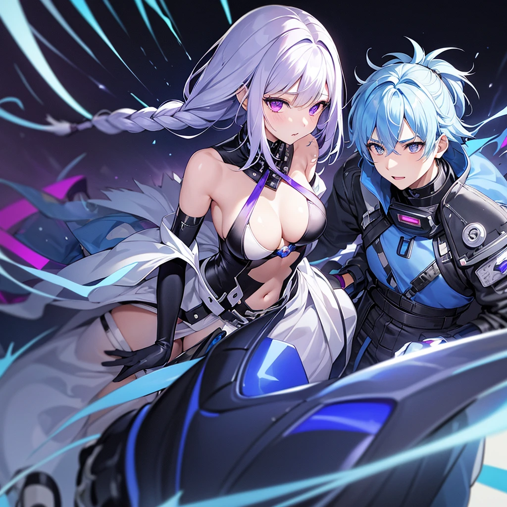 Disorganized、Men and women1pair of couples、c0upl3、yinji、Women have purple eyes She has milky white hair with purple inner color, very long twin braids, elbow gloves, very bare shoulders, and wears a cyberpunk outfit with a black skirt.、Side cut-outs、Covered navel、Side cut-outen、White hair with blue inner color and short hair、White and blue cyberpunk、下から赤い🔥につつまれているようなオーラ、Studded with purple sapphires、They are riding a futuristic flying motorbike, with the woman's arms around the man's waist from behind.、A large purple moon in the background、