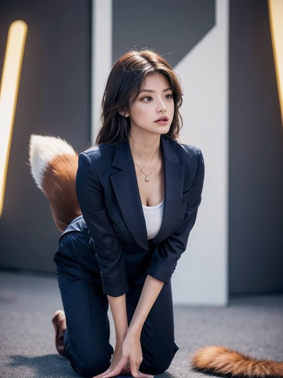 ((highest quality, 32k)), ((masterpiece)), (Familiar), Perfect Face, vixen, Pretty girl, Company Office, Has a tail, She has a northern fox tail., She stands up her fluffy tail, Dog collar, Beautiful hip line, Big Breasts, She wears a business suit, A big tail sticks out, Troubled face, Climb on all fours, Nice body