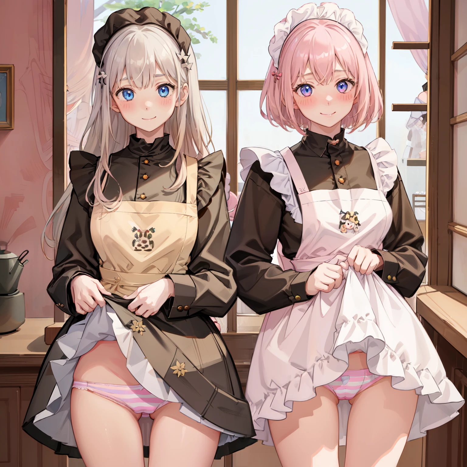 highest quality、masterpiece、((2 girls:1.5))、((smile:1.3))、(blush:1.3)、Black Shirt、blouse、((fun!!))、(Small breasts)、()、Blonde、(Long sleeve)、((White apron:1.5))、((Maid))、((hair ornaments)),、Kamimei、look at me、 ((in house:1.5))、 Taking a break from watching the audience、Cowboy Shot、(Skirt lift:1.3),(Highly detailed pink striped panties:1.3)、(Highly detailed panties:1.3)、、(スカート that rolls up:1.3)、(Panties fully exposed:1.5)、Light blue eyes、long hair、Glowing Eyes