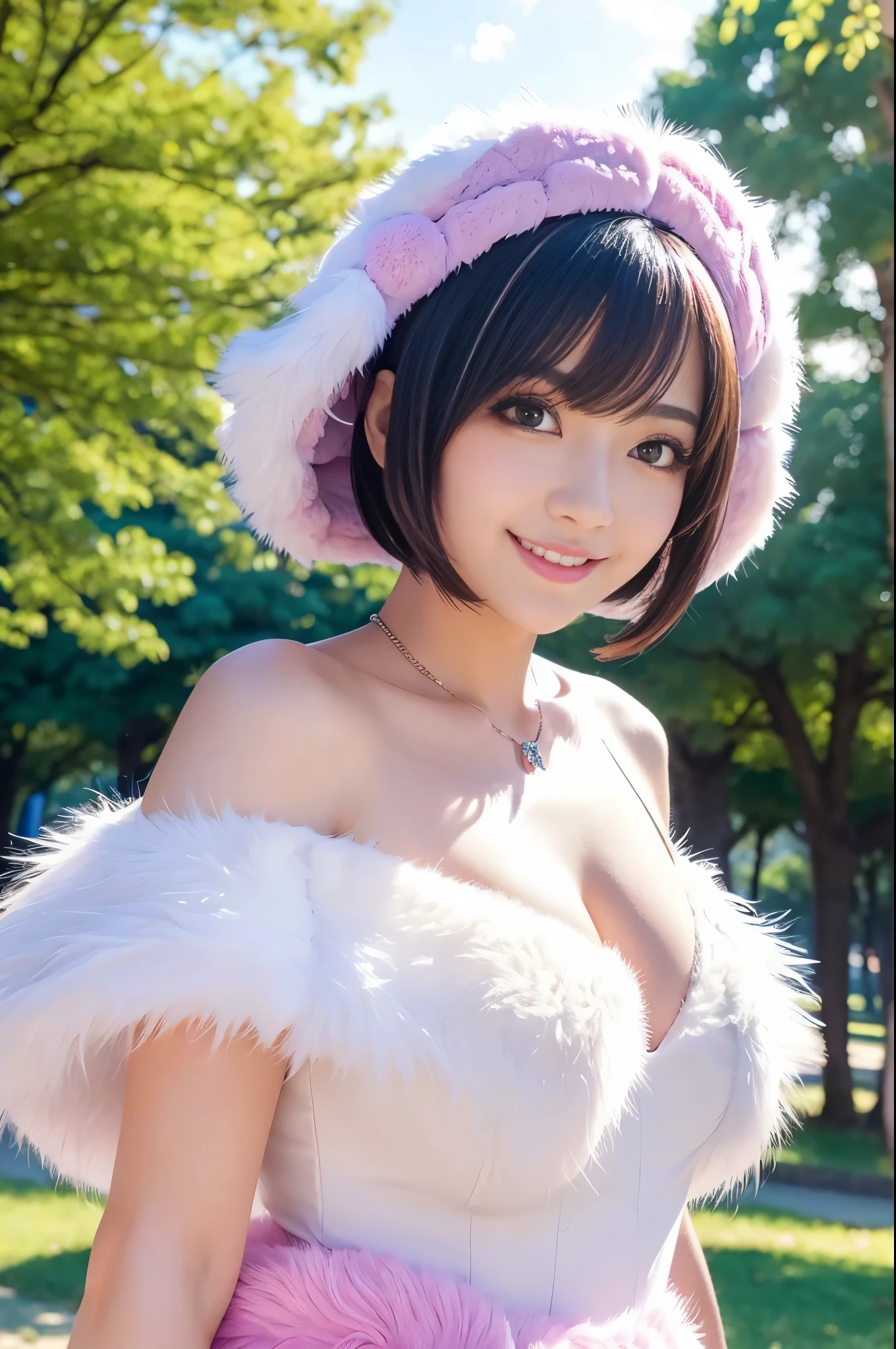 ultra sexy female, (-anime), only 1 female, very short hair, beautiful smile, lipgloss, long lashes, defined eyebrows, detailed anime cosplay, fluffy fur outfit, cosplay accessoires, headpiece, vivid colors, look at the camera, cinematic light, large park background with trees, sweet and sexy pose