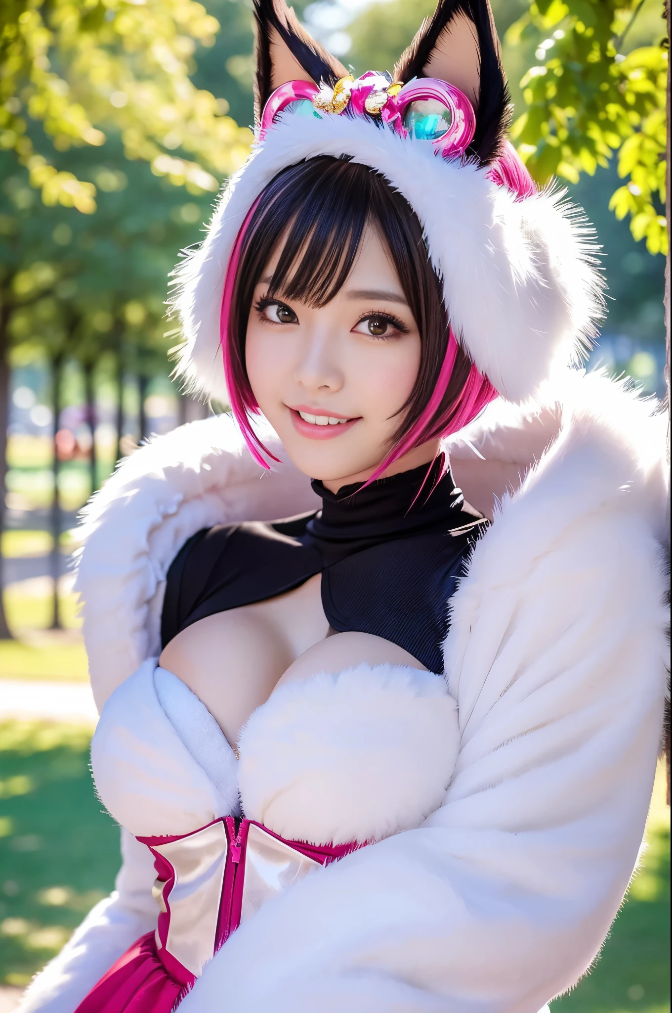 ultra sexy female, (-anime), only 1 female, very short hair, beautiful smile, lipgloss, long lashes, defined eyebrows, detailed anime cosplay, fluffy fur outfit, cosplay accessoires, headpiece, vivid colors, look at the camera, cinematic light, large park background with trees, sweet and sexy pose