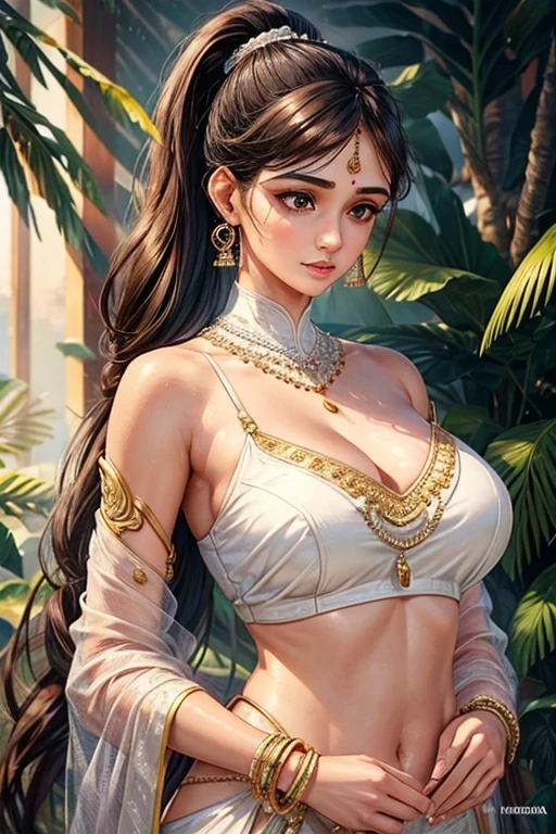 Craft a hyper realistic vertical photo of Indian most attractive serious woman in her 30 years, trending on attestation, portrait, digital art, modern, sleek, highly detailed, big breasts,determined, charming , innocent,colorized, smooth, charming, pretty, soft smile, soft lips, black eyes, Trendsetter brown long hair, sonam bajwa, girl, no bra, perfect breasts, thick ponytail hair, long ponytail, thin white Indian sari can see skin inside , full body view.
