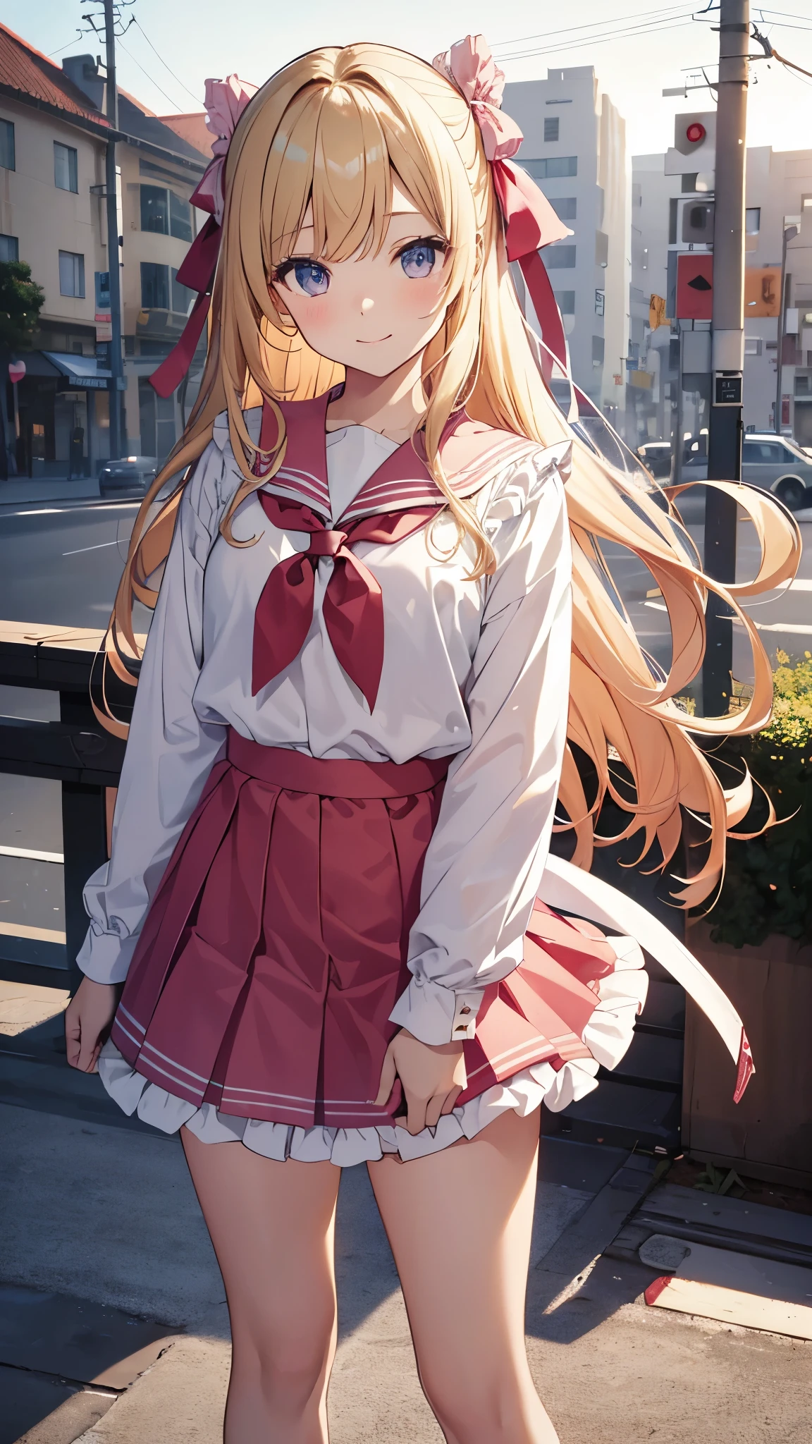 masterpiece, highest quality, High resolution, teacher, Long Hair, blonde, Both sides up, Hair Ribbon, Pink Ribbon, , Frills, serafuku, Sailor collar, tie, tight-fitting white shirt, Long sleeve, Red Skirt, Are standing, Cowboy Shot, Outdoor, smile、Very short skirt、Panties、