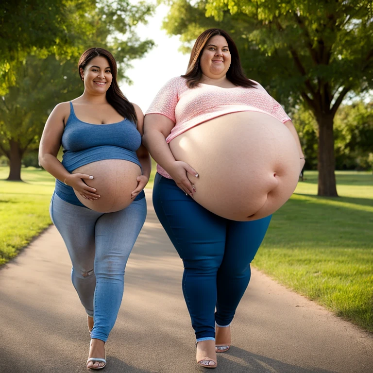 Very pregnant women with big bellies outside