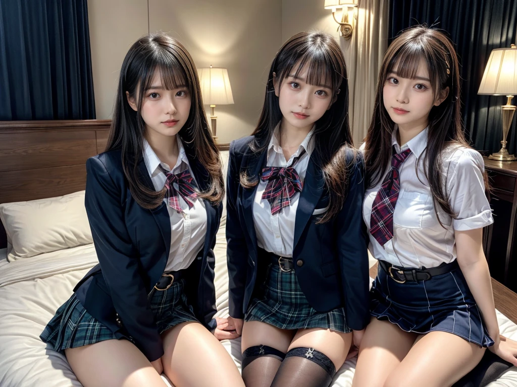muster piece, best quality, illustration, Super detailed, fine details, High resolution, 8K,wall paper, perfect dynamic composition,(Details High quality, realistic depiction of eyes:1.3), ((2 girls, 2 schoolgirls)), The background is a luxury hotel room、High school girl uniform、blazer 、Super Short Check Uniform Skirt、Navy blue high socks、garterbelts、Colossal tits、Disturbed uniform, Play with each other,Touching each other's bodies,Touching the body of the girl next door, short bob hair, black hair color, huge breasts, Big Natural Color Lip, bold sexy pose, (perfect body shape), crying a little、cold gaze,  Harajuku style、Beautiful makeup,glitter makeup,Cutest 18 years old, beautiful legs, hposing Gravure Idol, Voluptuous thighs