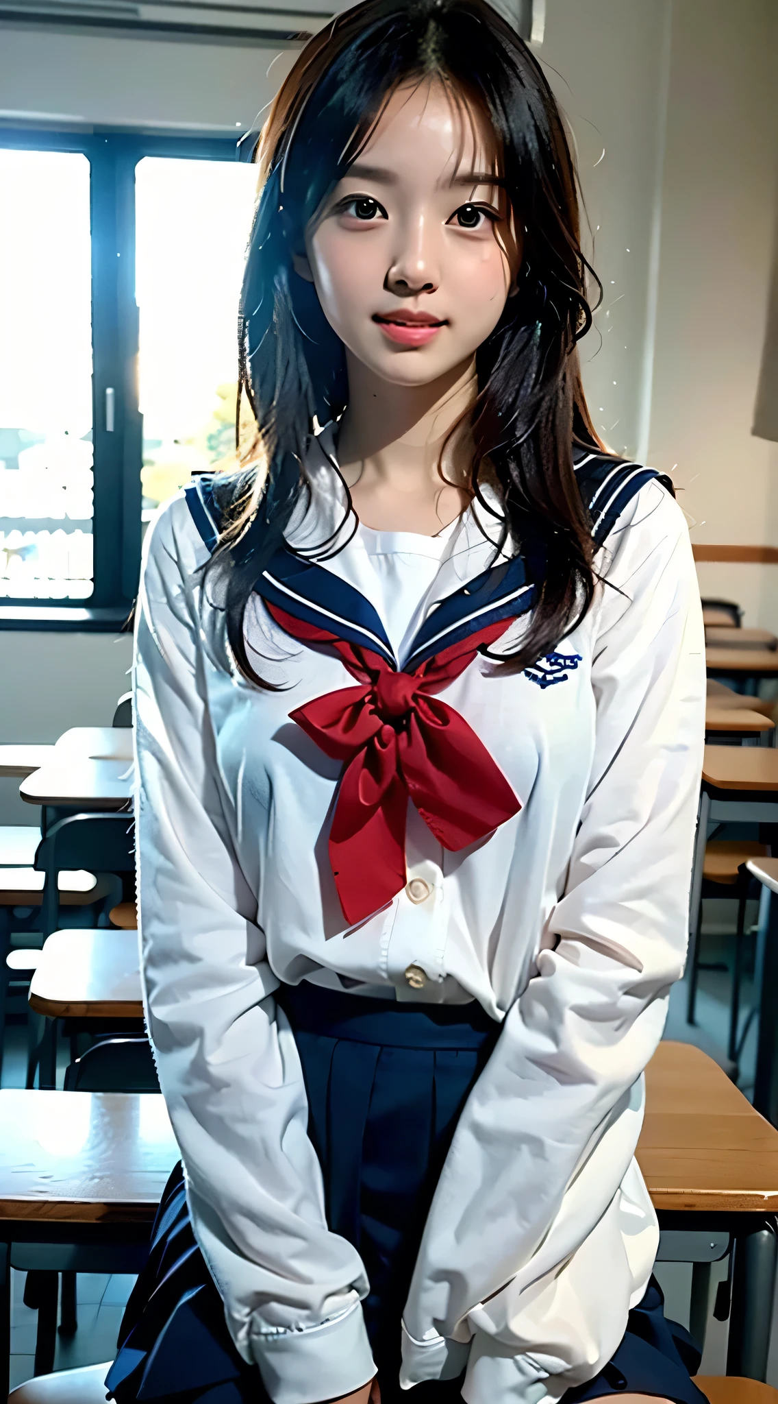 masterpiece, highest quality, 8k, Official Art, RAWphotograph, Incredibly absurd, beautiful girl, Pretty face, (Sitting, Upper Body, Sailor suit, serafuku,:1.2), , shirt, View Viewer, close, Teen, classroom, bow tie, Navy Pleated Skirt, Ultra-realistic, High resolution, photograph, Film Grain, chromatic aberration, Sharp focus, Face Light, Dynamic Lighting, Cinema Lighting, Most detailed, Very detailed, Super detailed, In detail, Very detailed目と顔