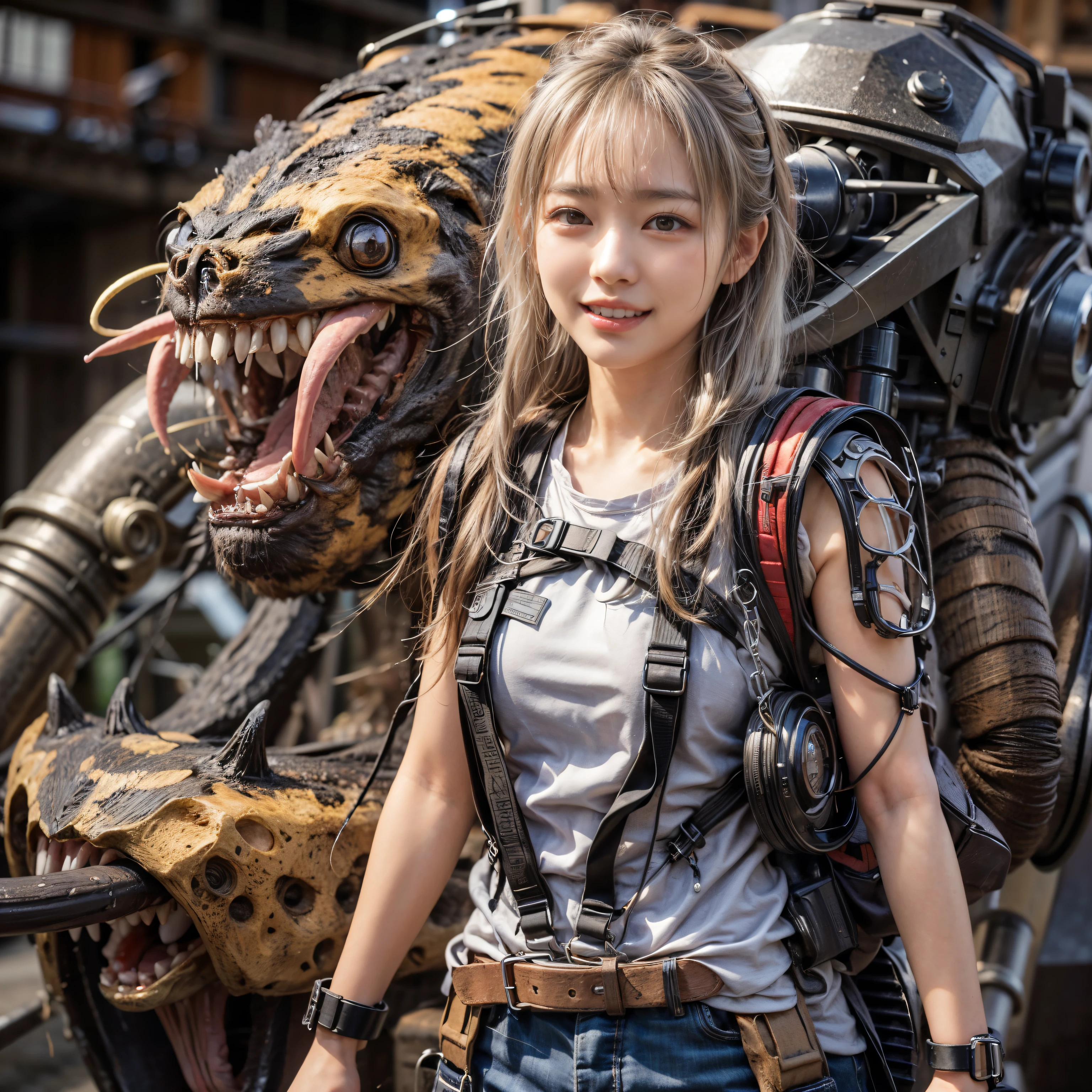 Japanese woman, heavy equipment, Mechanical backpack, very beautiful face, double teeth, fangs, reinforced exoskeleton with insect references, canine teeth, smiling face, silver hair, full body shot, photorealistic, realistic, ultra realistic, ultra detailed, ultimate intricate detail, lighting highlighting machinery, glossy, cave with a suspicious atmosphere