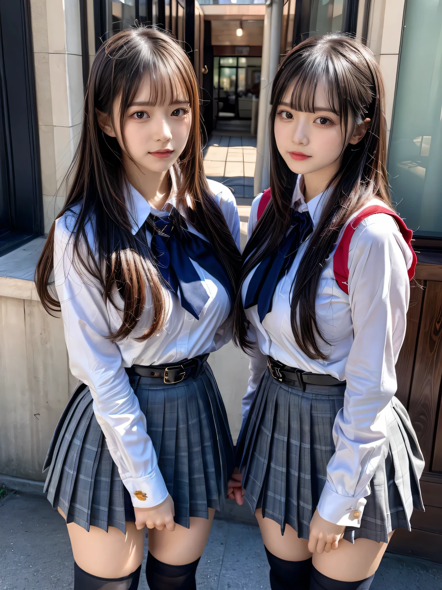 (8K, Raw photography, top-quality, masterpiece:1.2), muster piece, best quality, illustration, Super detailed, fine details, High resolution, 8K,wall paper, perfect dynamic composition,(Details High quality, realistic depiction of eyes:1.3), ((2 girls, 2 schoolgirls)), The background is a luxury hotel room、High school girl uniform、blazer 、Super Short Check Uniform Skirt、Navy blue high socks、garterbelts、Colossal tits、Disturbed uniform, Play with each other,Touching each other's bodies,Touching the body of the girl next door, short bob hair, black hair color, huge breasts, Big Natural Color Lip, bold sexy pose, (perfect body shape), crying a little、cold gaze, Harajuku style、Beautiful makeup,glitter makeup,Cutest 18 years old、 beautiful legs, hposing Gravure Idol, Voluptuous thighs