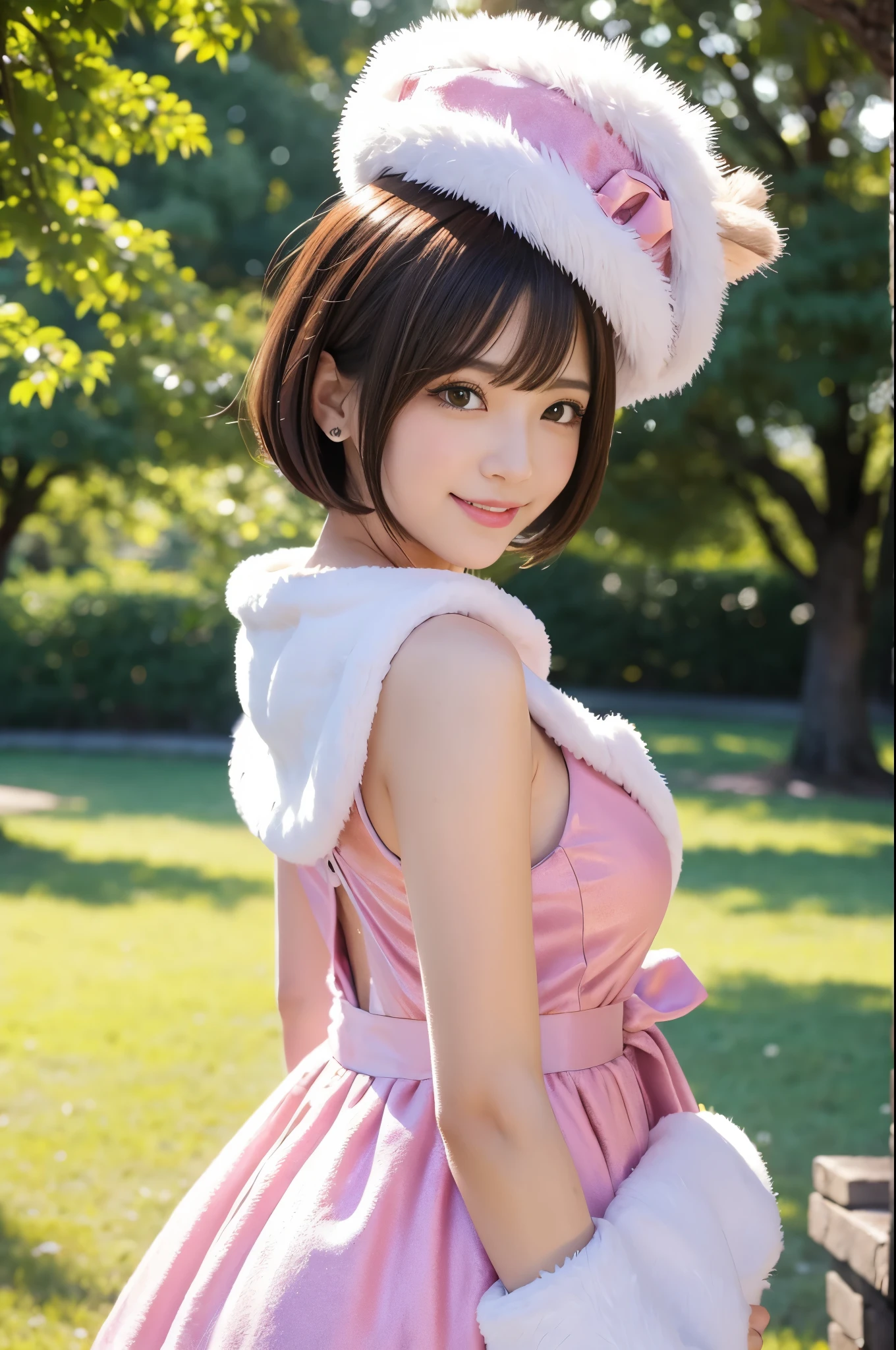 beautiful sexy idol, (-anime), only 1 idol, very short hair, beautiful smile, lipgloss, long lashes, defined eyebrows, detailed anime cosplay, fluffy fur outfit, cosplay accessoires, small headpiece, vivid colors, look at the camera, photo shoot pose, cinematic light, large park background with trees