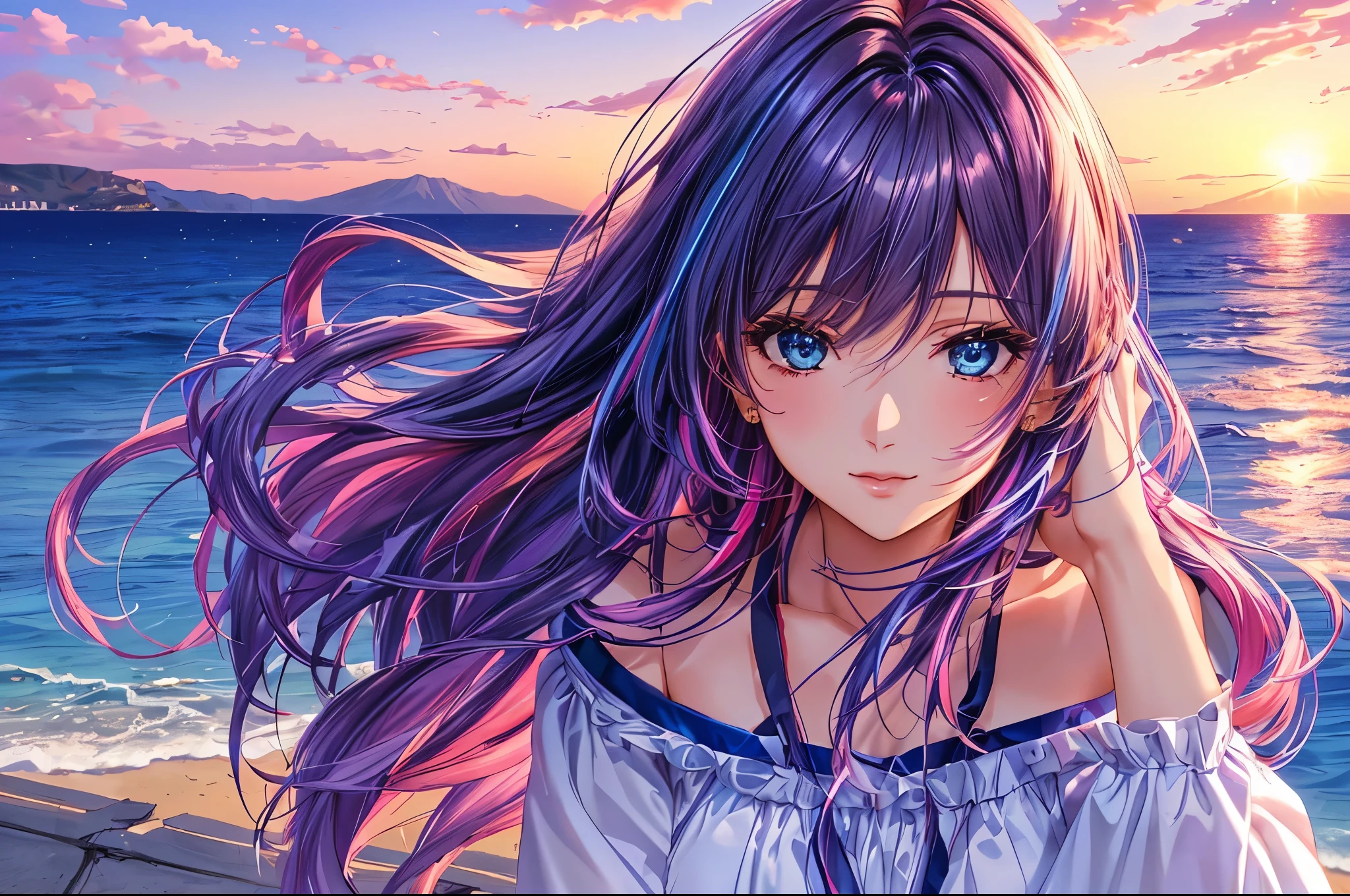 Woman in Greece portrait anime dark blue hair streaked pink purple hair blue eyes Nikon camera sunset hour realistic photography Beach House at Greek island animation realistic brown hair