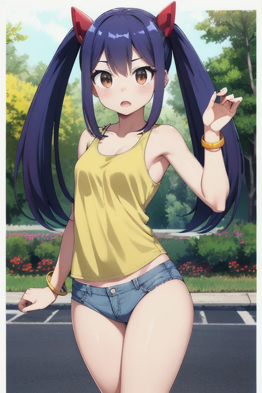 masterpiece, highest quality, High resolution, Alwendy, Long Hair, Twin tails, hair ornaments, Expose your shoulders, Tank top,bracelet, bracelet, outside,Jumping, Cowboy Shot, Embarrassing,