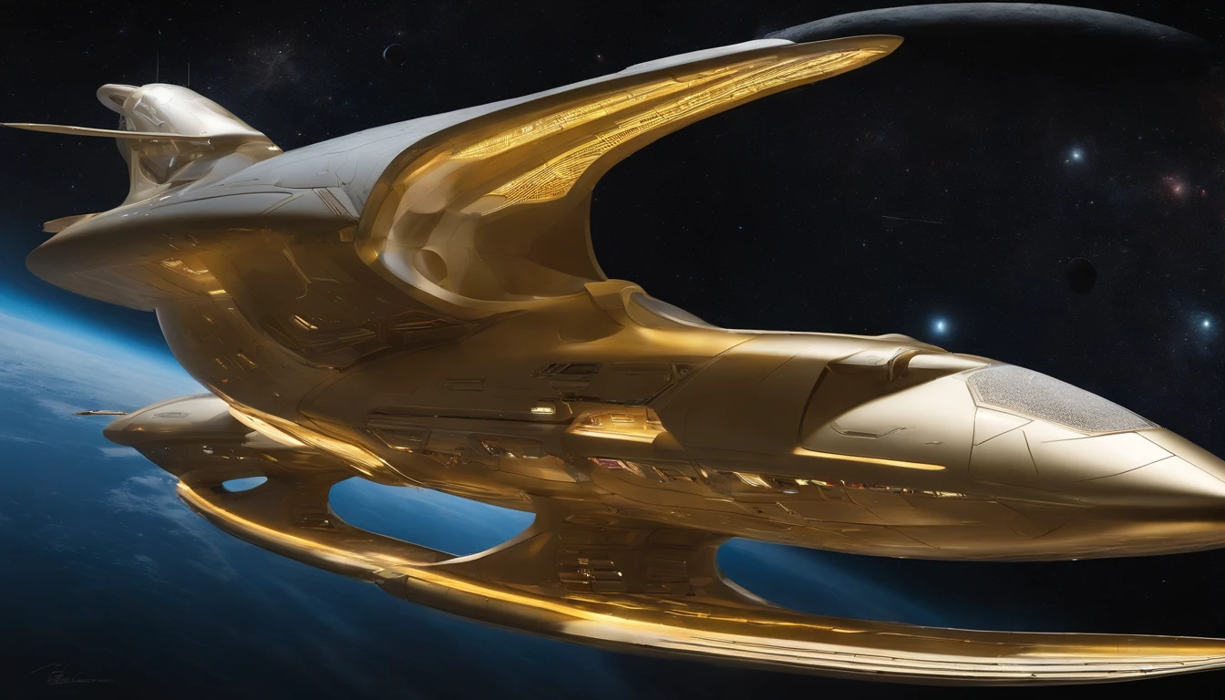 A highly detailed, photorealist, hyperrealist, hyperdetailed, masterpiece, seamlessly blending the artistic style of J. Michael Straczynski.The primary colors of the immense starship are neon gold, forest green and ruby red accents, creating a striking contrast against the vastness of space. Cream-colored crystalline nacelles, elegantly angled at 75 degrees, emit a mesmerizing neon yellow light, adding to the ship's futuristic allure. The design of the starship draws inspiration from the visionary styles of J. Michael Straczynski and the intricate mechanical sketches of Leonardo Da Vinci. Its silhouette echoes the iconic Agamemnon from Babylon 5, featuring distinctive elements such as a rounded 1974 Winnebago-inspired cylindrical bridge. This bridge commands attention with its impressive dimensions: 108 feet in length, 72 feet in width, and towering 36 feet high above from the 48 ft cobalt platinum industrial supports, that come up from the base of the ship. Moving along the starship, the cylindrical middle section extends 36 feet in height, 288 feet in length, and spans 144 feet in width, showcasing intricate details and geometric patterns that reflect both artistic mastery and advanced technology. The mid section is only 24 ft, up from the base, with industrial wired platinum chrome cobalt steel supports. The streamlined main, reminiscent of a Freightliner in its sleek design, stretches a staggering 576 feet in length, 48 ft high , & 820 ft wide emphasizing the ship's immense scale and capability. Against the backdrop of deep space, speckled with distant stars and nebulae, the starship exudes a sense of grandeur and exploration. The play of light and shadow across its surfaces enhances the realism of the painting, highlighting every curve, panel, and intricate detail of its construction. This futuristic masterpiece invites viewers to imagine the possibilities of space exploration & tech.