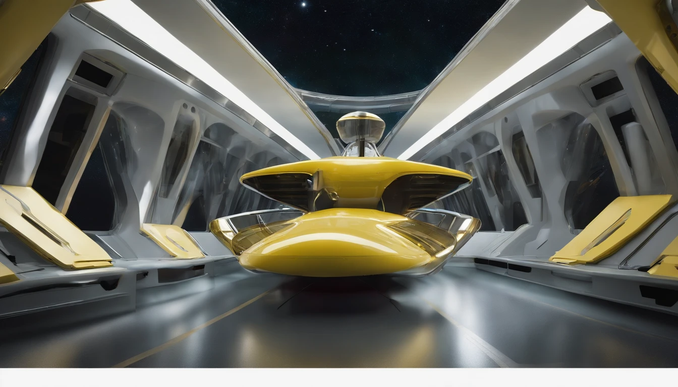 A highly detailed, photorealist, hyperrealist, hyperdetailed, masterpiece, seamlessly blending the artistic style of J. Michael Straczynski.The primary colors of the immense starship are neon gold, forest green and ruby red accents, creating a striking contrast against the vastness of space. Cream-colored crystalline nacelles, elegantly angled at 75 degrees, emit a mesmerizing neon yellow light, adding to the ship's futuristic allure. The design of the starship draws inspiration from the visionary styles of J. Michael Straczynski and the intricate mechanical sketches of Leonardo Da Vinci. Its silhouette echoes the iconic Agamemnon from Babylon 5, featuring distinctive elements such as a rounded 1974 Winnebago-inspired cylindrical bridge. This bridge commands attention with its impressive dimensions: 108 feet in length, 72 feet in width, and towering 36 feet high above from the 48 ft cobalt platinum industrial supports, that come up from the base of the ship. Moving along the starship, the cylindrical middle section extends 36 feet in height, 288 feet in length, and spans 144 feet in width, showcasing intricate details and geometric patterns that reflect both artistic mastery and advanced technology. The mid section is only 24 ft, up from the base, with industrial wired platinum chrome cobalt steel supports. The streamlined main, reminiscent of a Freightliner in its sleek design, stretches a staggering 576 feet in length, 48 ft high , & 820 ft wide emphasizing the ship's immense scale and capability. Against the backdrop of deep space, speckled with distant stars and nebulae, the starship exudes a sense of grandeur and exploration. The play of light and shadow across its surfaces enhances the realism of the painting, highlighting every curve, panel, and intricate detail of its construction. This futuristic masterpiece invites viewers to imagine the possibilities of space exploration & tech.