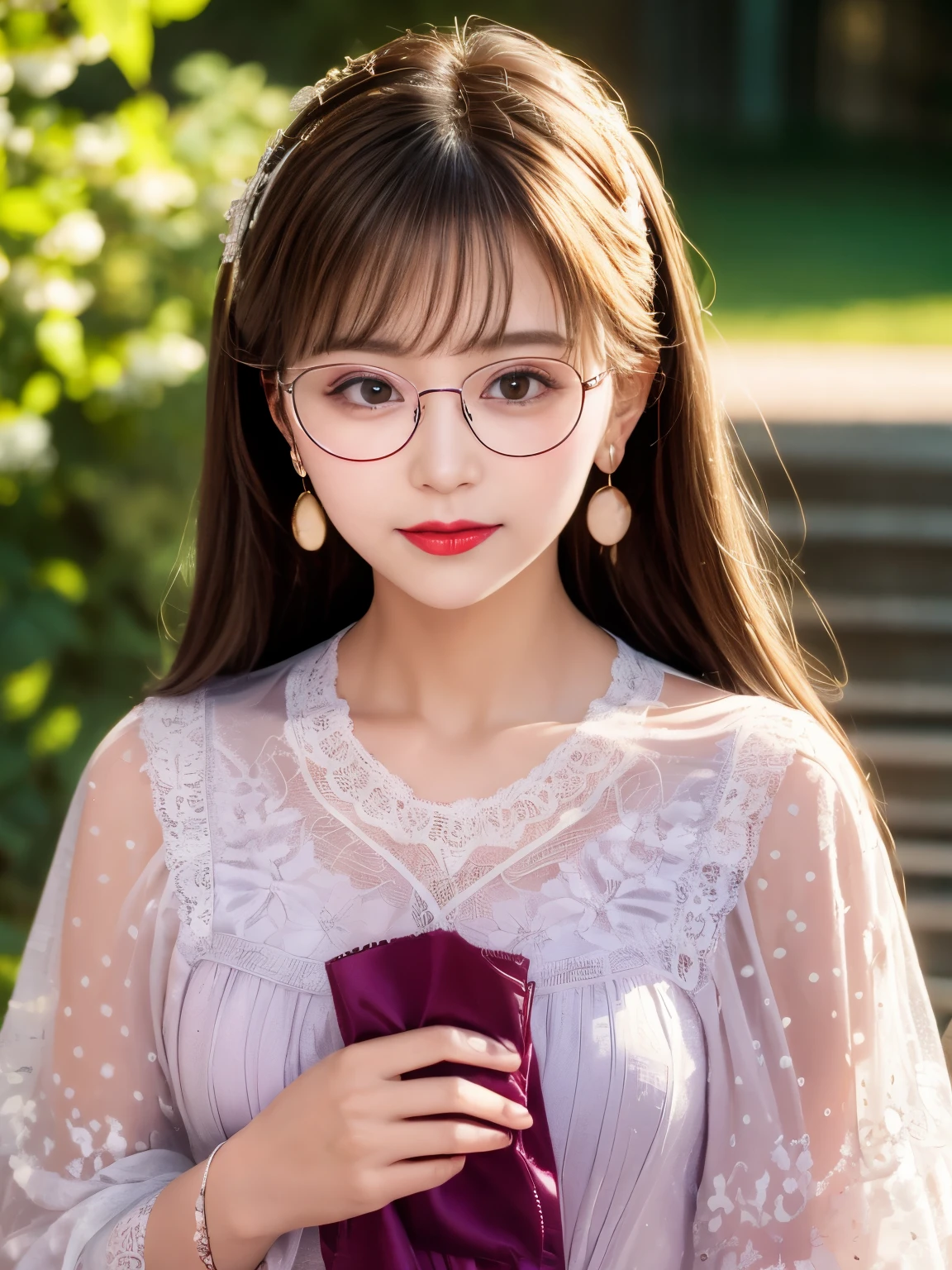 slightly curled hair, Rimless Glasses, Small spots under the corners of the mouth, / Note Lilac Earrings, Mouth slightly closed, Red lips, Surrealism, High detail, Strong chiaroscuro, Film grain, Panorama, Ultra-high resolution, Accurate, Textured skin. Shining in the sunlight,Wearing a lace-trimmed tunic
