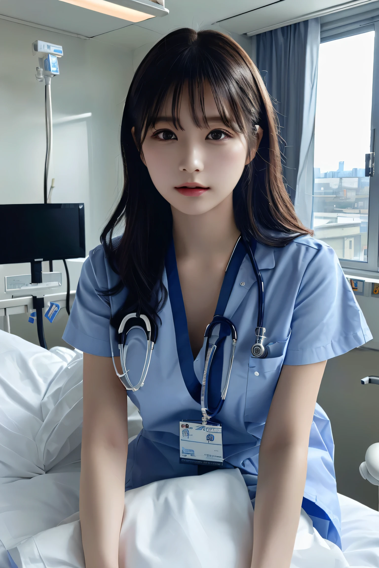 highest quality, (Beautiful nurse:1.2), (A hospital ward in the background:1.3), Incredible detail, Very detailed, composition, Very detailed, (Realistic), Light leakage, Talked about at the art station, Sharp focus, Absurd, Written boundary depth