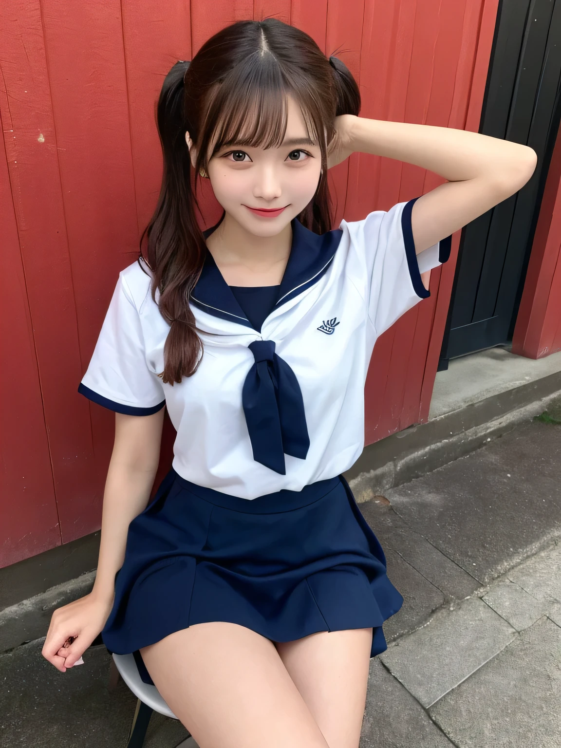 In detail,Full body photo、 One high school girl、High resolution, high quality、Slim body、Perfect dynamic composition, Beautiful fine details, Twin tails、Natural color lip,Kamimei、15-year-old girl、Clear Skin、Yellow short-sleeved sailor suit、Red mini skirt、Thighs、Shiny Hair、最high quality, figure, Very detailed, In detail, High resolution, 8k、The correct state of the human body、Sculpture model pose,Red Wall,Sitting in a chair、Thighs are visible、smile、