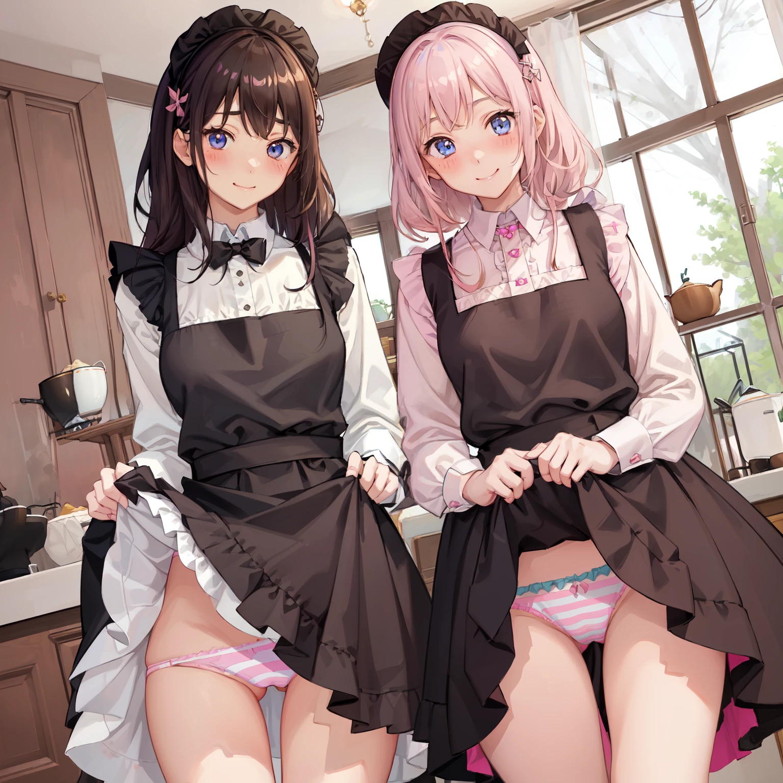 highest quality、masterpiece、((2 girls:1.5))、((smile:1.3))、(blush:1.3)、Black Shirt、blouse、((fun!!))、(Small breasts)、()、Blonde、(Long sleeve)、((White apron:1.5))、((Maid))、((hair ornaments)),、Kamimei、look at me、 ((in house:1.5))、 Taking a break from watching the audience、Cowboy Shot、(Skirt lift:1.3),(Highly detailed pink striped panties:1.3)、(Highly detailed panties:1.3)、、(スカート that rolls up:1.3)、(Panties fully exposed:1.5)、Light blue eyes、long hair、Glowing Eyes