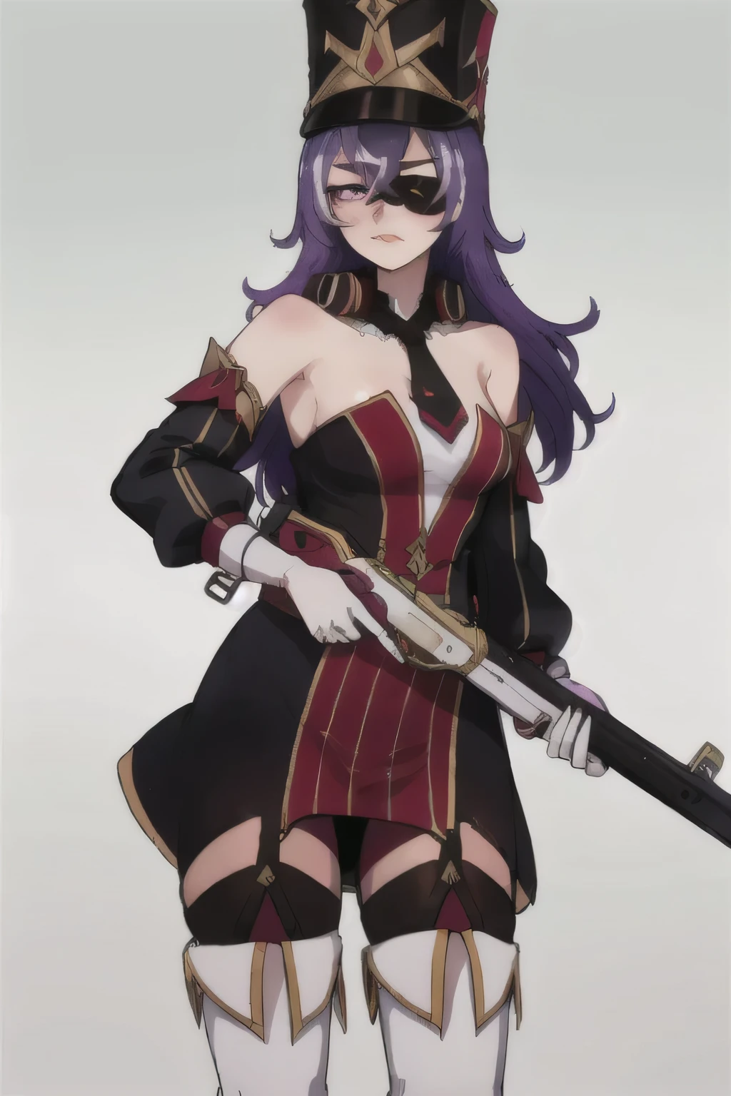 masterpiece, best quality,  1girl,hat,shako cap,purple hair,long hair, eyepatch, purple eyes,detached collar, necktie,bare shoulders,detached sleeves,dress,white gloves,black pantyhose, garter straps,white thigh boots,
gun,holding gun,
grey background,