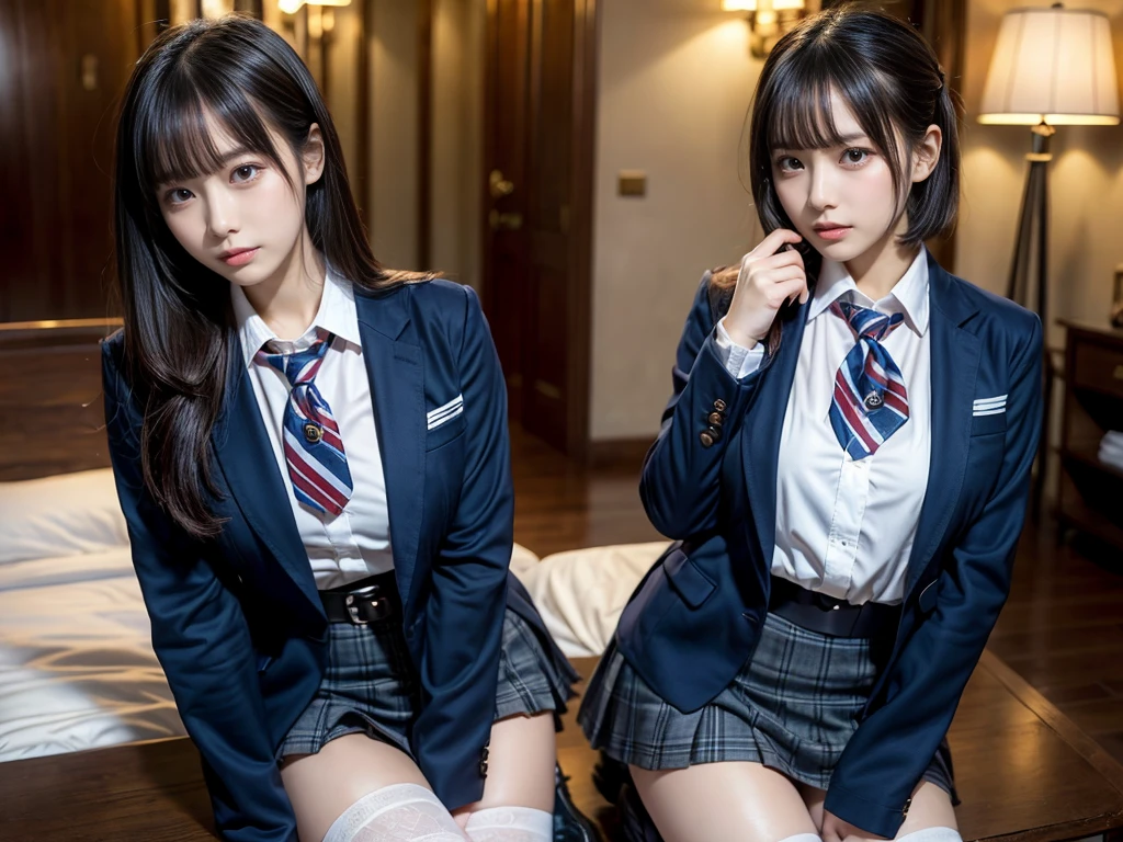 muster piece, best quality, illustration, Super detailed, fine details, High resolution, 8K,wall paper, perfect dynamic composition,(Details High quality, realistic depiction of eyes:1.3), ((2 girls, 2 schoolgirls)), The background is a luxury hotel room、High school girl uniform、blazer 、Super Short Check Uniform Skirt、Navy blue high socks、garterbelts、Colossal tits、Disturbed uniform, Play with each other,Touching each other's bodies,Touching the body of the girl next door, short bob hair, black hair color, huge breasts, Big Natural Color Lip, bold sexy pose, (perfect body shape), crying a little、cold gaze, Harajuku style、Beautiful makeup,glitter makeup,Cutest 18 years old, beautiful legs, hposing Gravure Idol, Voluptuous thighs