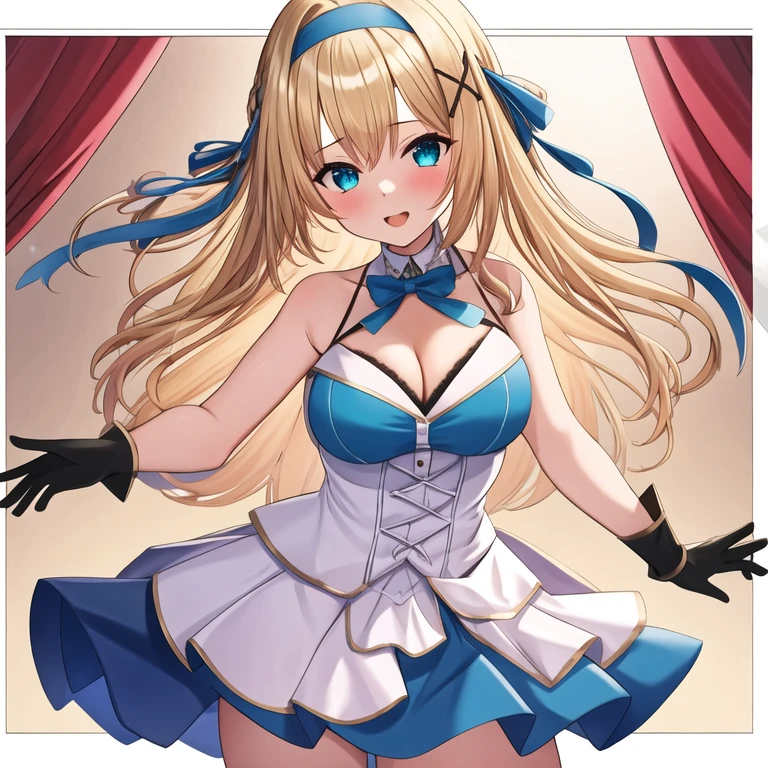 (masterpiece, best quality:1.2), 1girl, solo, blond hair, blue hairband, blue hair ribbon on the left, white-blue breast, black gloves, knight skirt, Solid color background
