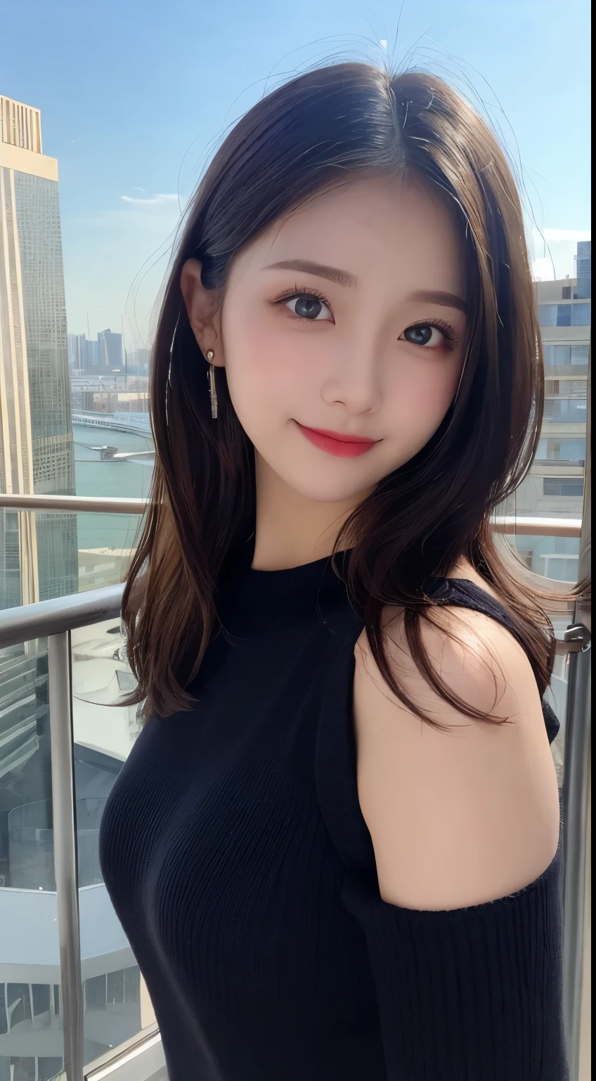 Tabletop, highest quality, shape, Very detailed, finely, High resolution, 8k wallpaper, 完璧なダイナミックな構shape, Beautiful and exquisite, Winter clothes,Medium Hair, Small , Natural color lip, Random sexy po,smile,Big cities(Skyscraper)、20-year-old girl、Midnight、Beautiful and elaborate face、Perfect and beautiful face,Big eyes、RAW Photos、spread your arms and legs wide、A pose that expresses your best mood with your whole body、Beautiful and exquisite、Small face、Beautiful Duplex、Slim face and figure、Actual Photos