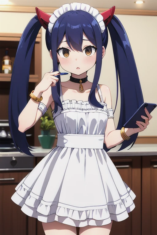 masterpiece, highest quality, High resolution, Arwendy, Long Hair, Twin tails, hair ornaments, Exposing shoulders, 
maid costume,Bracelet, bracelet, at home,	holding a phone, Cowboy Shot, Embarrassing,
