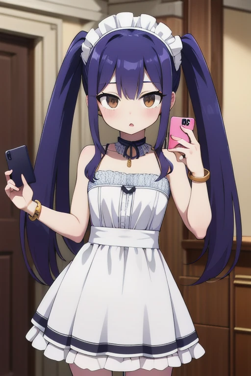 masterpiece, highest quality, High resolution, Arwendy, Long Hair, Twin tails, hair ornaments, Exposing shoulders, 
maid costume,Bracelet, bracelet, at home,	holding a phone, Cowboy Shot, Embarrassing,
