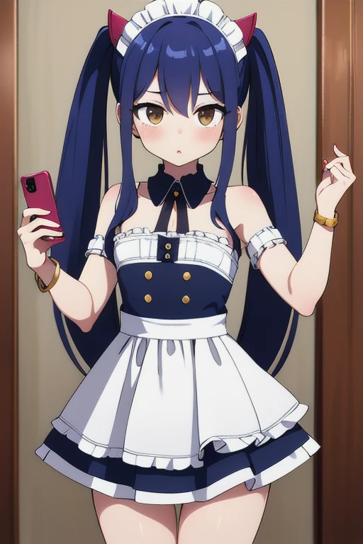 masterpiece, highest quality, High resolution, Arwendy, Long Hair, Twin tails, hair ornaments, Exposing shoulders,
maid costume,Bracelet, bracelet, at home, holding a phone, Cowboy Shot, Embarrassing,