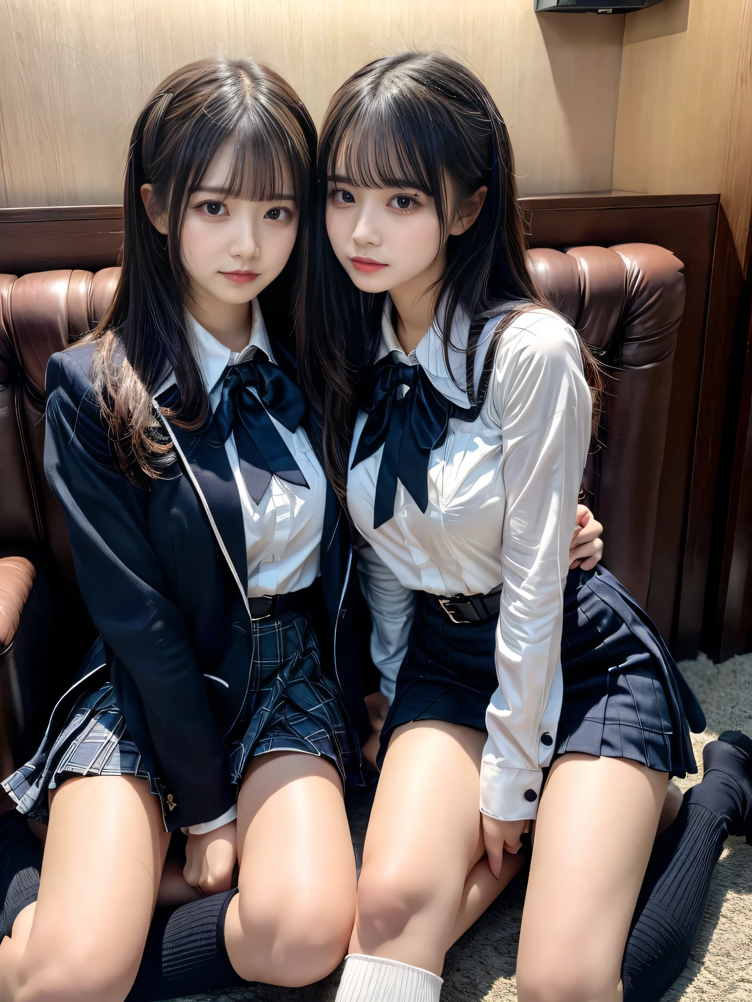 (8K, Raw photography, top-quality, masterpiece:1.2), muster piece, best quality, illustration, Super detailed, fine details, High resolution, 8K,wall paper, perfect dynamic composition,(Details High quality, realistic depiction of eyes:1.3), ((2 girls, 2 schoolgirls)), The background is a luxury hotel room、High school girl uniform、blazer 、Super Short Check Uniform Skirt、Navy blue high socks、garterbelts、Colossal tits、Disturbed uniform, Play with each other,Touching each other's bodies,Touching the body of the girl next door, short bob hair, black hair color, huge breasts, Big Natural Color Lip, bold sexy pose, (perfect body shape), crying a little、cold gaze, Harajuku style、Beautiful makeup,glitter makeup,Cutest 18 years old、 beautiful legs, hposing Gravure Idol, Voluptuous thighs
