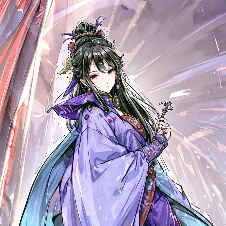 (best quality),Wulin Beauty,Eyes domineering and affectionate,Perfect eyebrows,Nice and handsome face,,Blue purple ancient costume robe,Mid-chest,Dancing with a red umbrella,Mid-chest,The background is a valley,firefly,4k