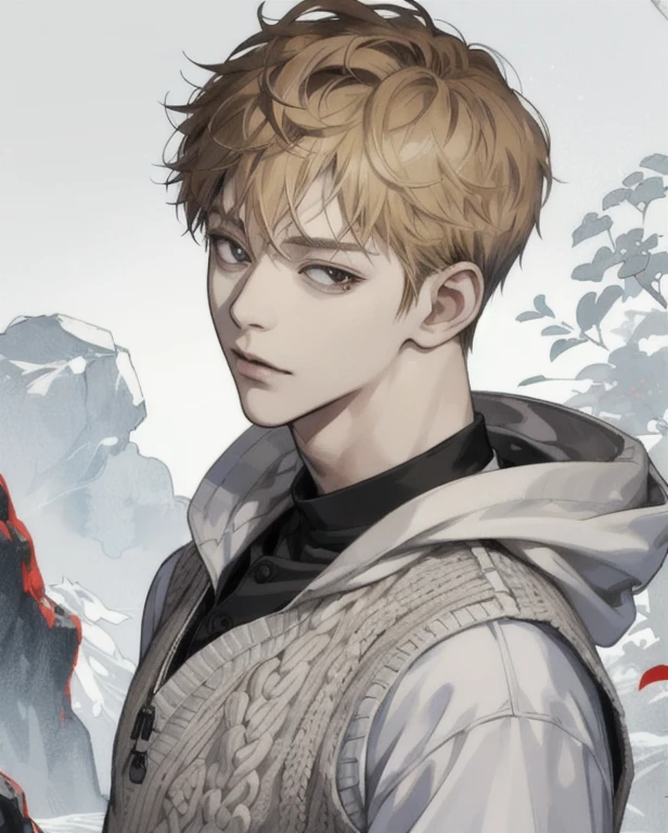 jujutsu kaisen、checkpoint、 ((best quality)), ((masterpiece)), (detailed), perfect face, Light brown hair, blonde hair, young man in his late 20s, black eyes, short hair, semi-curly hair, mole on cheek, slightly long bangs, idol look, actor look, model look, Japanese animation drawing, illustration drawing, handsome face, raised eyebrows , good impression, expressionless expression, Korean webtoon drawing style, casual clothing style, Korean idol hair, T-shirt, hoodie, short-sleeved shirt, knit shirt, knit vest, ass perm, Korean idol hairstyle, short back hair, short hair, Asian, Irish human, mixed race, one character, alone, alone, only one person in image,