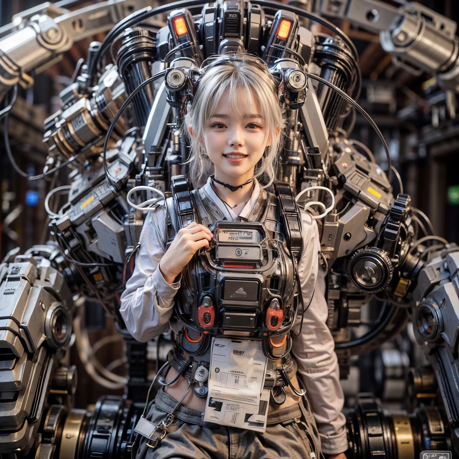 Japanese woman, heavy equipment, Mechanical backpack, very beautiful face, double teeth, fangs, reinforced exoskeleton with insect references, canine teeth, smiling face, silver hair, full body shot, photorealistic, realistic, ultra realistic, ultra detailed, ultimate intricate detail, lighting highlighting machinery, glossy, cave with a suspicious atmosphere