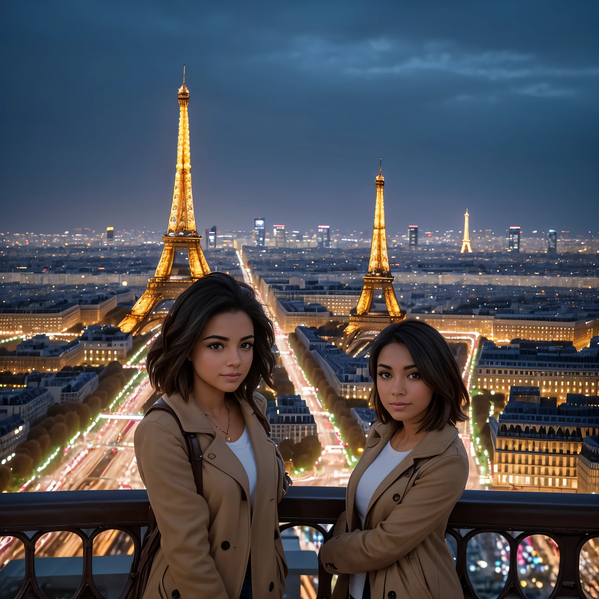 REALISTIC VISION 1.4 BETTER VAE, on the face of a young Latina woman, 25 years old, with short tousled hair, Eiffel Tower, Paris 8K, sharp focus, good exposure, night, ISO 1000, 1/250s, natural light, Adobe Lightroom, photo lab, Affinity Photo, PhotoDirector 365