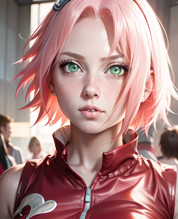 young woman, short shoulder-length pink hair, wide forehead, porcelain skin, pink eyebrows, big emerald green eyes, buttoned nose, full lips, heart-shaped face, slender body, small breasts, red tank top, Sakura Haruno , realistic, realism, details, 3d, well detailed
