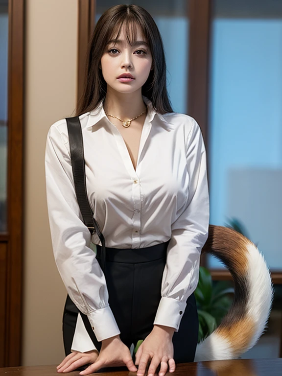 ((highest quality, 32k)), ((masterpiece)), (Familiar), Perfect Face, vixen, Pretty girl, Company Office, Has a tail, She has a northern fox tail., She stands up her fluffy tail, Dog collar, Beautiful hip line, Big Breasts, She wears a business suit, A big tail sticks out, Troubled face, Climb on all fours, Nice body