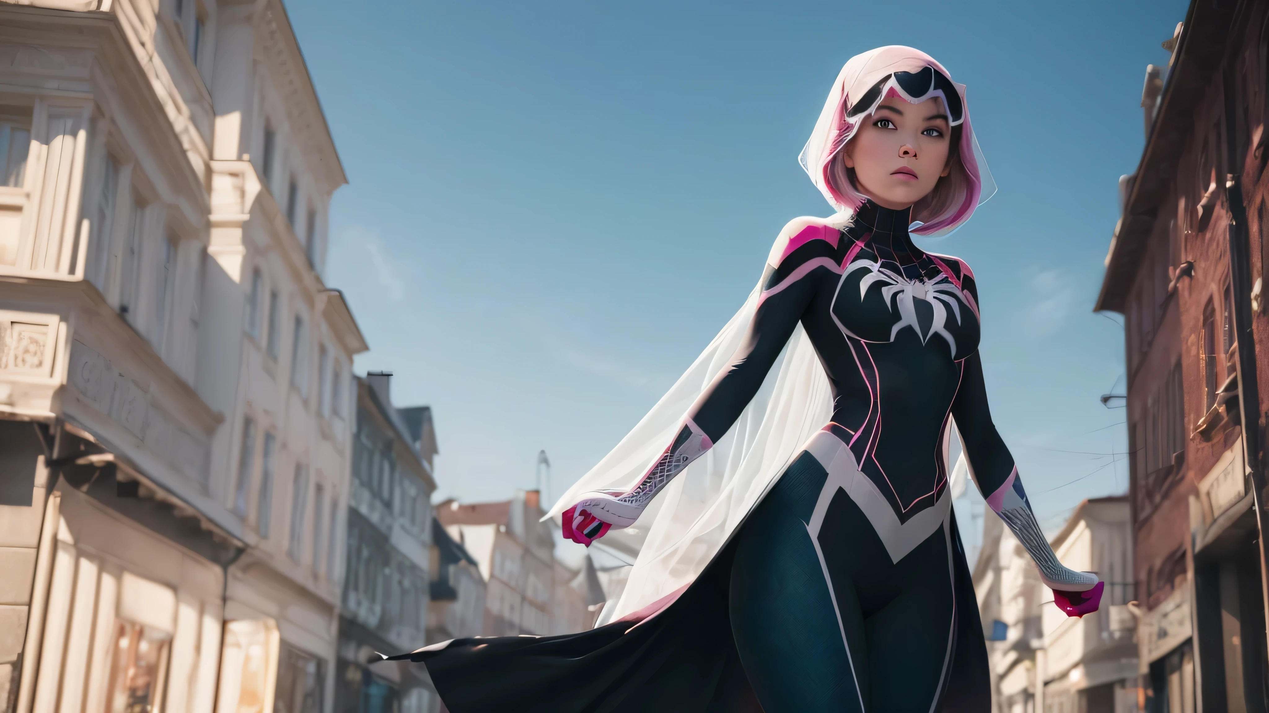(((1 girl))), ((Spider-Gwen)), ((Spider-Gwen Outfit)), ((Spider-Gwen Haircut)), Textur, filmgrain, Hautporen, dusty atmospheric haze, Vignettierung, Falten, komplizierte Details:0.2 Intricate dramatic cinematic movie stills of a beautiful, eleganten, Augenkontakt, (herablassendes, selbstbewusstes Grinsen)1.2, (niedriger Winkel)1.2, Bokeh im Vordergrund, hasselblad RAW dramatisches Foto, (green eyes)