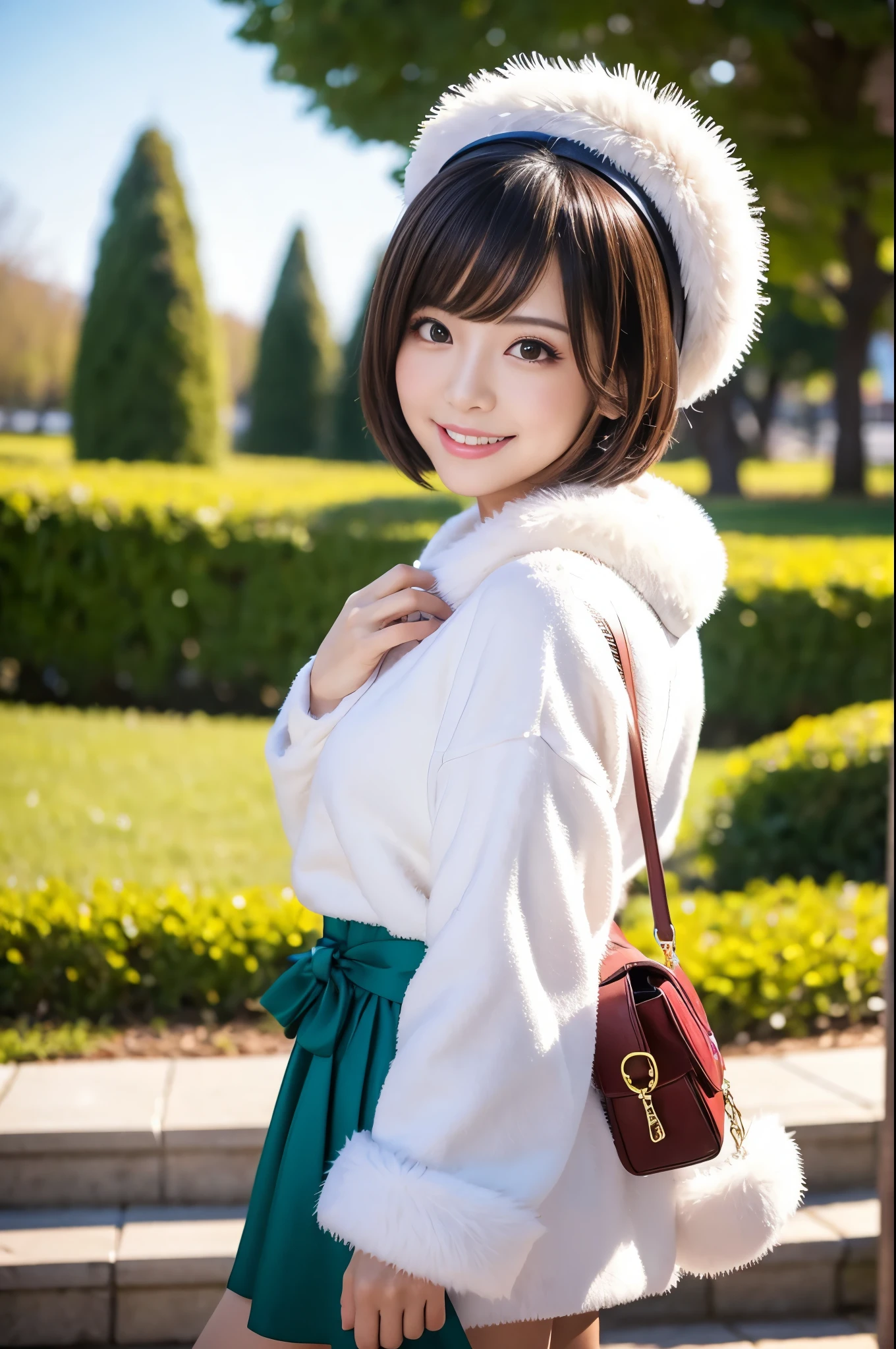 beautiful y idol, (-anime), only 1 idol, very short hair, beautiful smile, lipgloss, long lashes, defined eyebrows, detailed anime cosplay, fluffy fur outfit, cosplay accessoires, small headpiece, vivid colors, look at the camera, photo shoot pose, cinematic light, large park background with trees