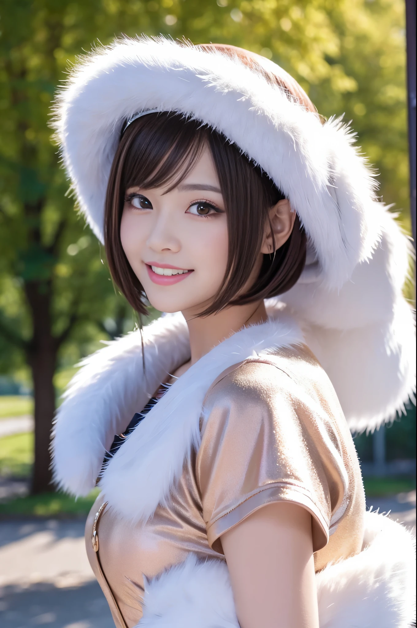 beautiful sexy idol, (-anime), only 1 idol, very short hair, beautiful smile, lipgloss, long lashes, defined eyebrows, detailed anime cosplay, fluffy fur outfit, cosplay accessoires, small headpiece, vivid colors, look at the camera, photo shoot pose, cinematic light, large park background with trees