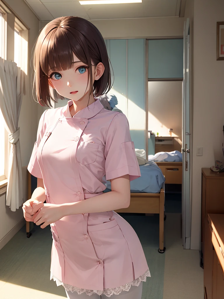 masterpiece, best quality, 1girl, solo, 10years old, flat chest, shoulder length hair, ponytail, blue nurse uniform, examining room, spread legs, sitthing, white panties, white panttyhose, panties under pantyhose