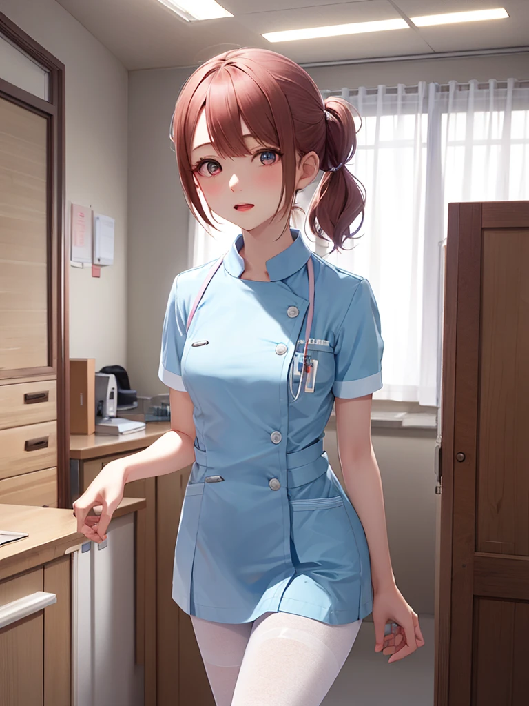 masterpiece, best quality, 1 girl, solo, 20 years old, small breasts, Perfect Face, beautiful, extra short hair, bob cut, pink nurse uniform, light blue lace bra, white pantyhose, examining room,short ponytail
