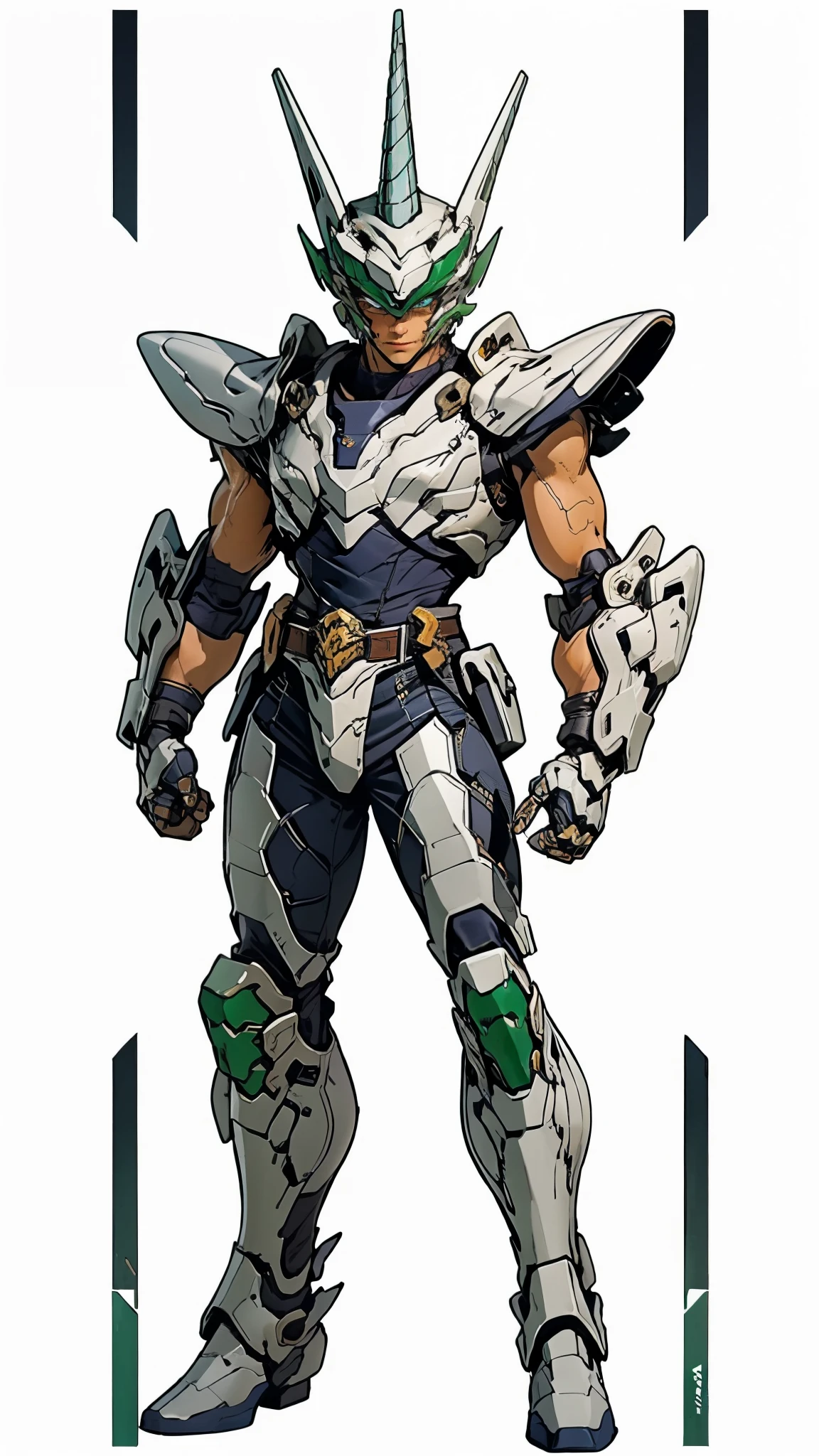 A man wearing a full-face helmet, a fantasy-style biotech armored combat suit, green eyes, (a composite layered chest armor), fully enclosed shoulder guards, matching arm and leg guards, the belt is adorned with Horseshoe-shaped marker, (the color scheme is primarily white with green accents), the design balances heavy with agility, a high-tech bio-mecha armor, (Armor Concept Inspired by Unicorn, stand on the top of a skyscraper in a futuristic sci-fi city), this character embodies a finely crafted fantasy-surreal style armored hero in anime style, exquisite and mature manga art style, (battle damage, element, plasma, energy, the armor glows), ((male:1.5)), metallic, real texture material, dramatic, high definition, best quality, highres, ultra-detailed, ultra-fine painting, extremely delicate, professional, perfect body proportions, golden ratio, anatomically correct, symmetrical face, extremely detailed eyes and face, high quality eyes, creativity, RAW photo, UHD, 32k, Natural light, cinematic lighting, masterpiece-anatomy-perfect, masterpiece:1.5