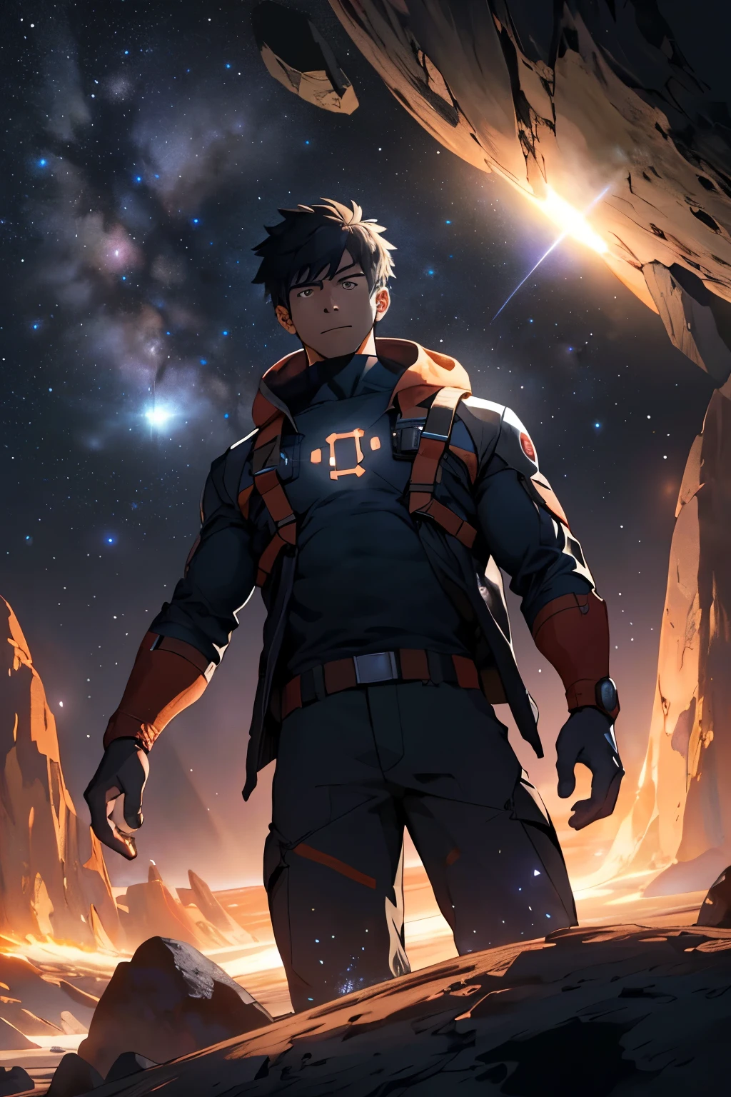 Draw a young programmer, It sits on a floating research platform in the middle of the asteroid belt. He studies and is surrounded by many asteroids glowing with fiery halos. Dramatic lighting from distant stars and planets illuminates the scene, Cast deep shadows on the suit. The young man appears confident and determined, Looking at the vast and mysterious universe with wonder and respect,Raja poetry, Cowboy shot,