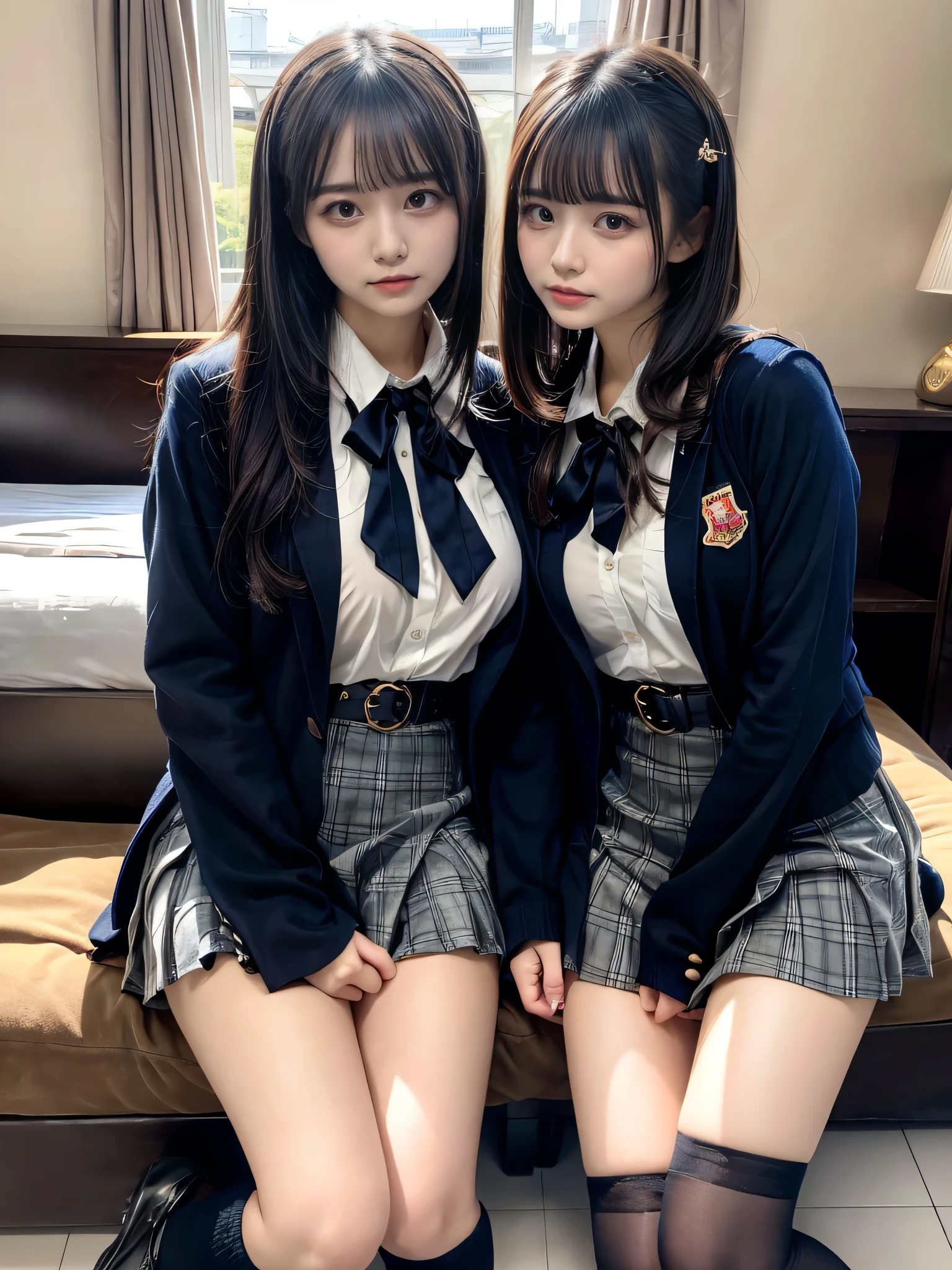 (8K, Raw photography, top-quality, masterpiece:1.2), muster piece, best quality, illustration, Super detailed, fine details, High resolution, 8K,wall paper, perfect dynamic composition,(Details High quality, realistic depiction of eyes:1.3), ((2 girls, 2 schoolgirls)), The background is a luxury hotel room、High school girl uniform、blazer 、Super Short Check Uniform Skirt、Navy blue high socks、garterbelts、Colossal tits、Disturbed uniform, Play with each other,Touching each other's bodies,Touching the body of the girl next door, short bob hair, black hair color, huge breasts, Big Natural Color Lip, bold sexy pose, (perfect body shape), crying a little、cold gaze, Harajuku style、Beautiful makeup,glitter makeup,Cutest 18 years old、 beautiful legs, hposing Gravure Idol, Voluptuous thighs