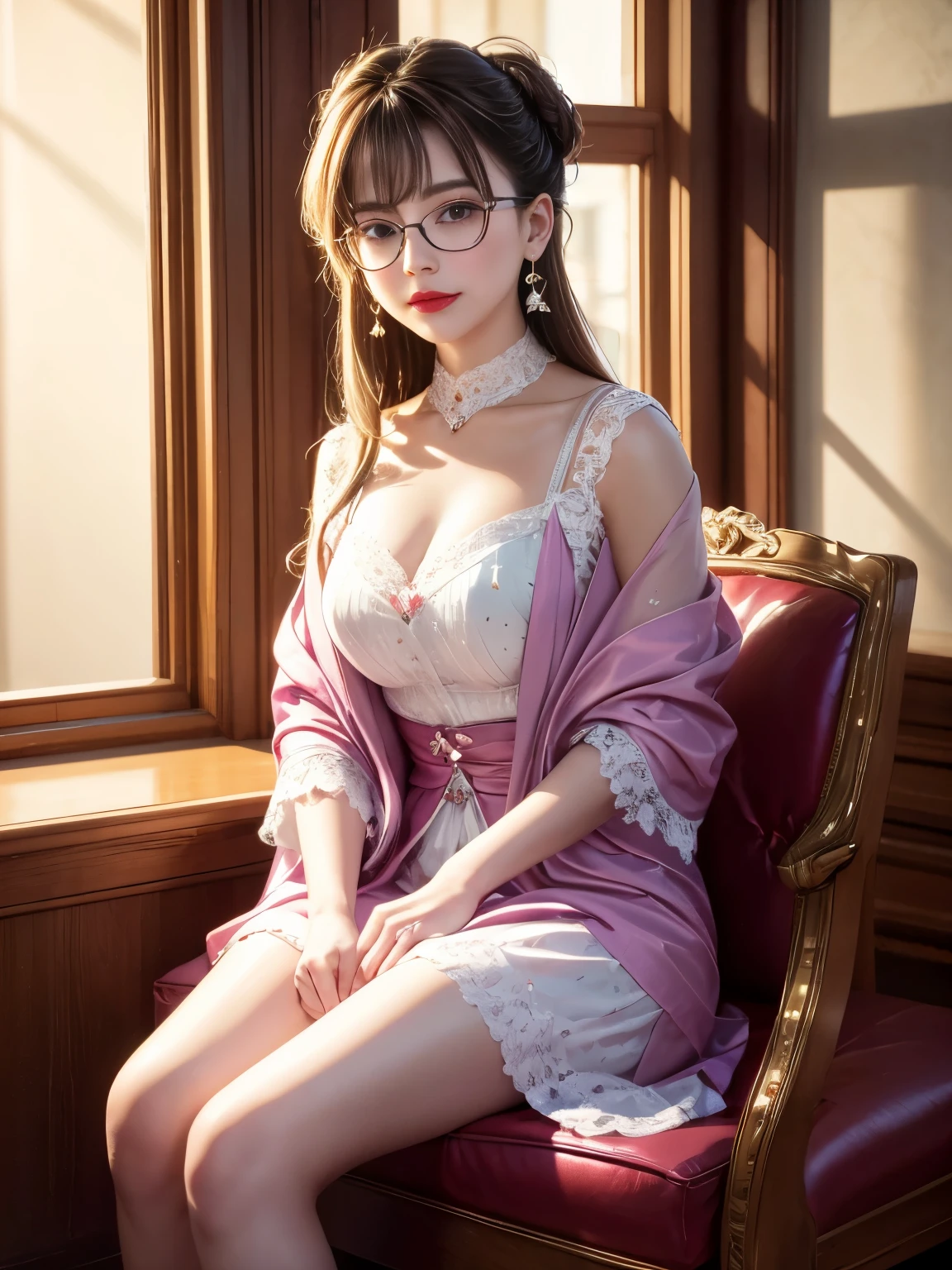 slightly curled hair, Rimless Glasses, Small spots under the corners of the mouth, / Note Lilac Earrings, Mouth slightly closed, Red lips, Surrealism, High detail, Strong chiaroscuro, Film grain, Panorama, Ultra-high resolution, Accurate, Textured skin. Full body photography, Shining in the sunlight,Wearing a lace-trimmed tunic,